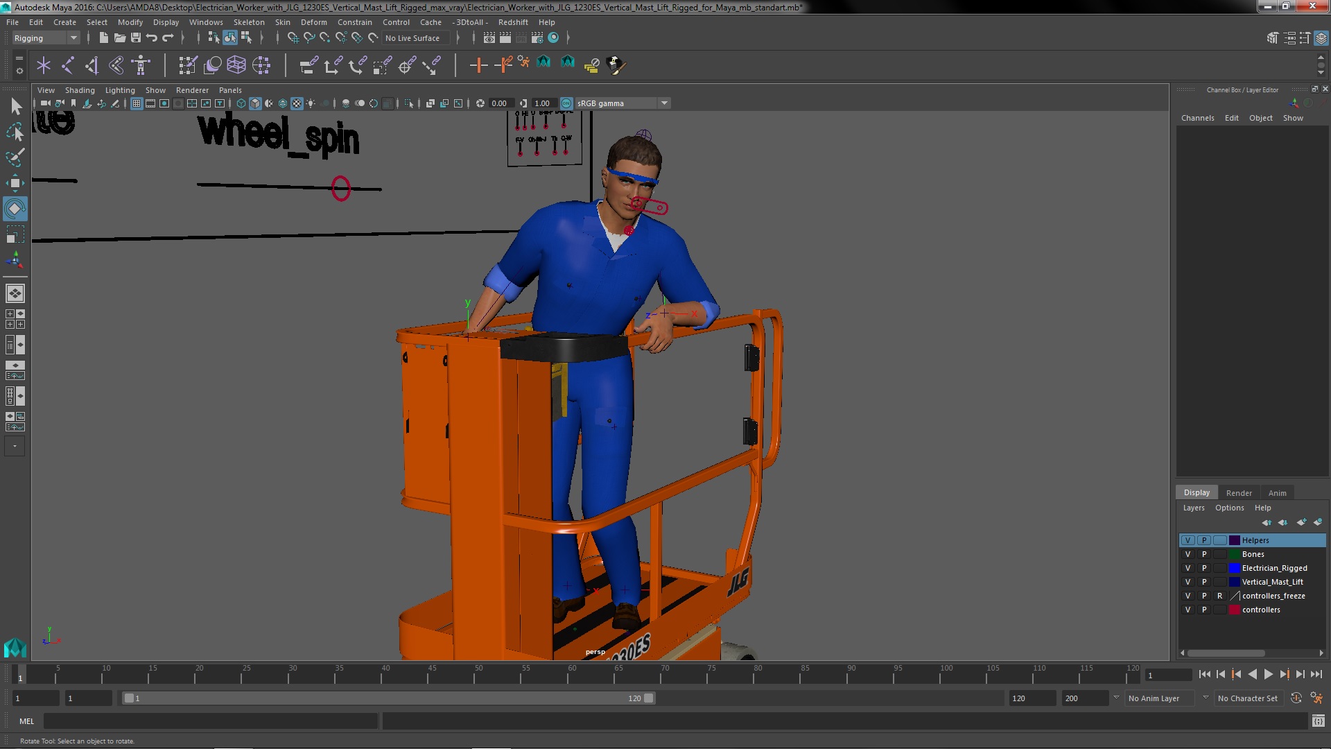 3D model Electrician Worker with JLG 1230ES Vertical Mast Lift Rigged