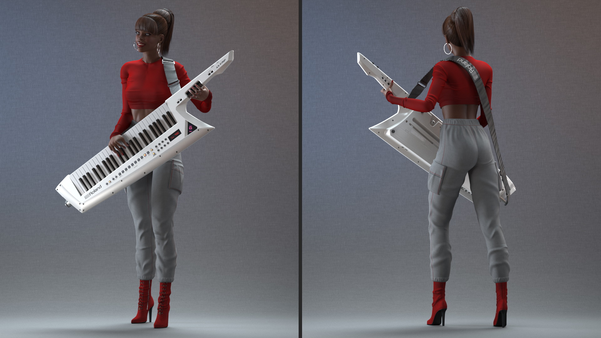 Dark Skin Woman with Roland AX Edge Keytar Rigged 3D model