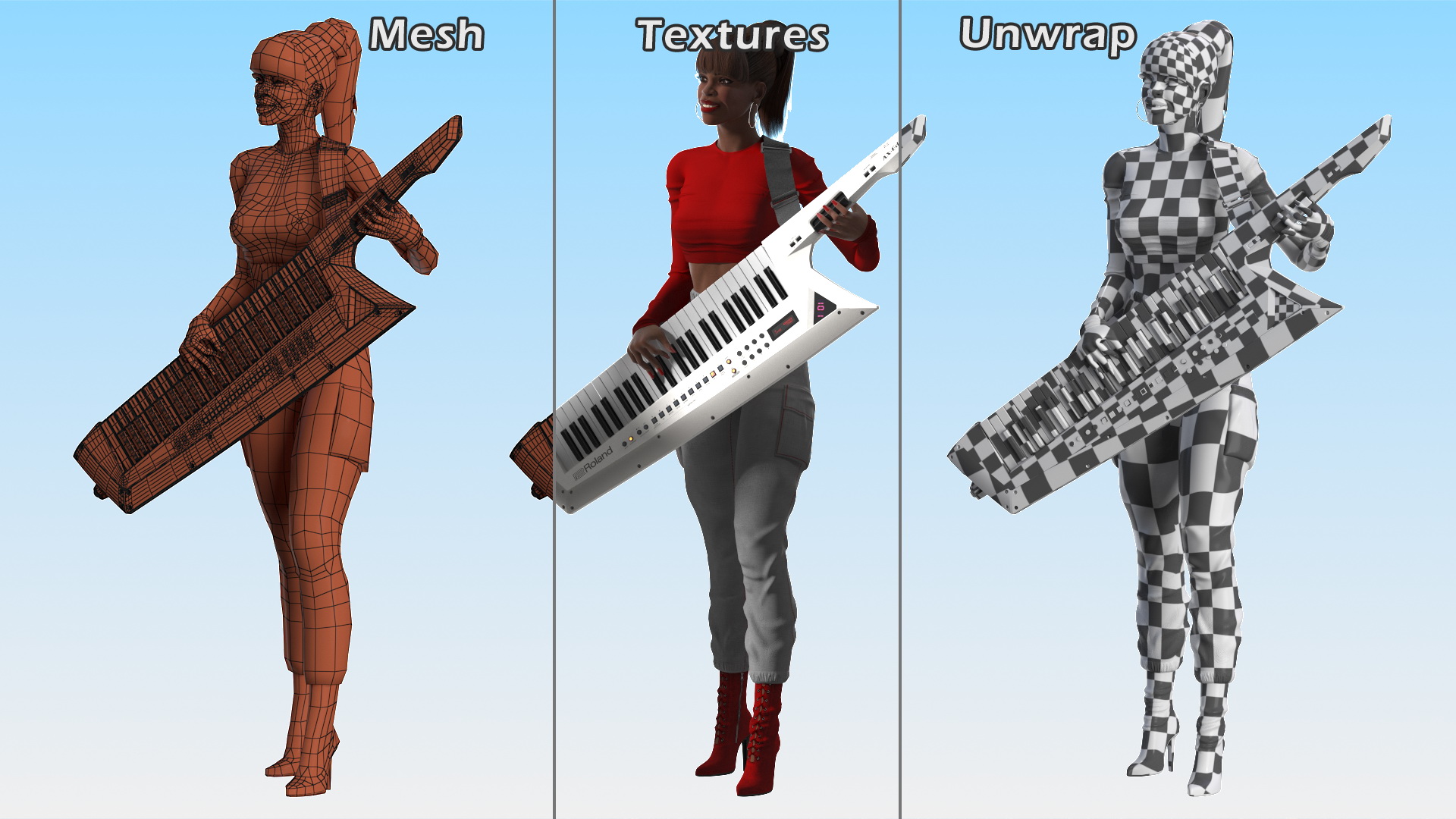 Dark Skin Woman with Roland AX Edge Keytar Rigged 3D model