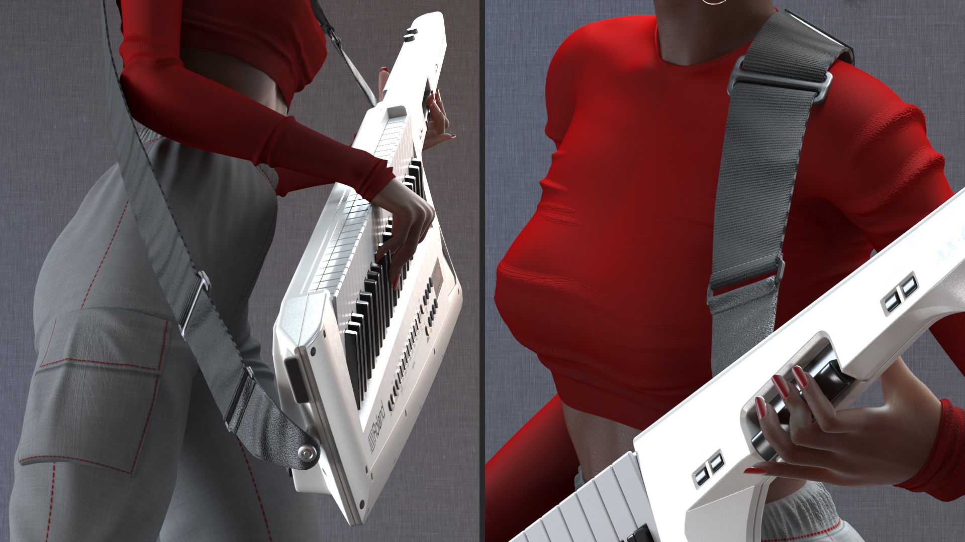 Dark Skin Woman with Roland AX Edge Keytar Rigged 3D model