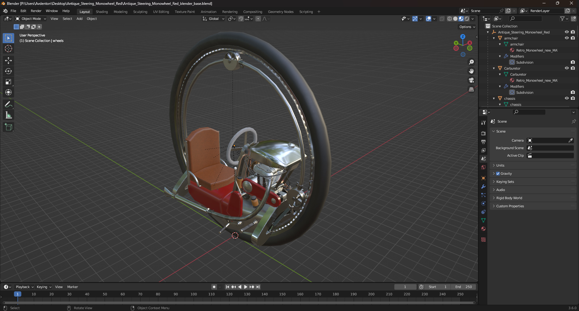 3D model Antique Steering Monowheel Red
