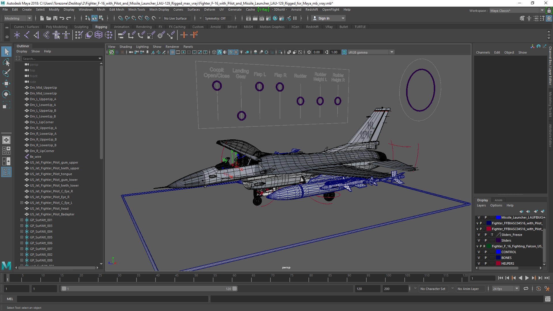 3D Fighter F-16 with Pilot and Missile Launcher LAU-129 Rigged for Maya model
