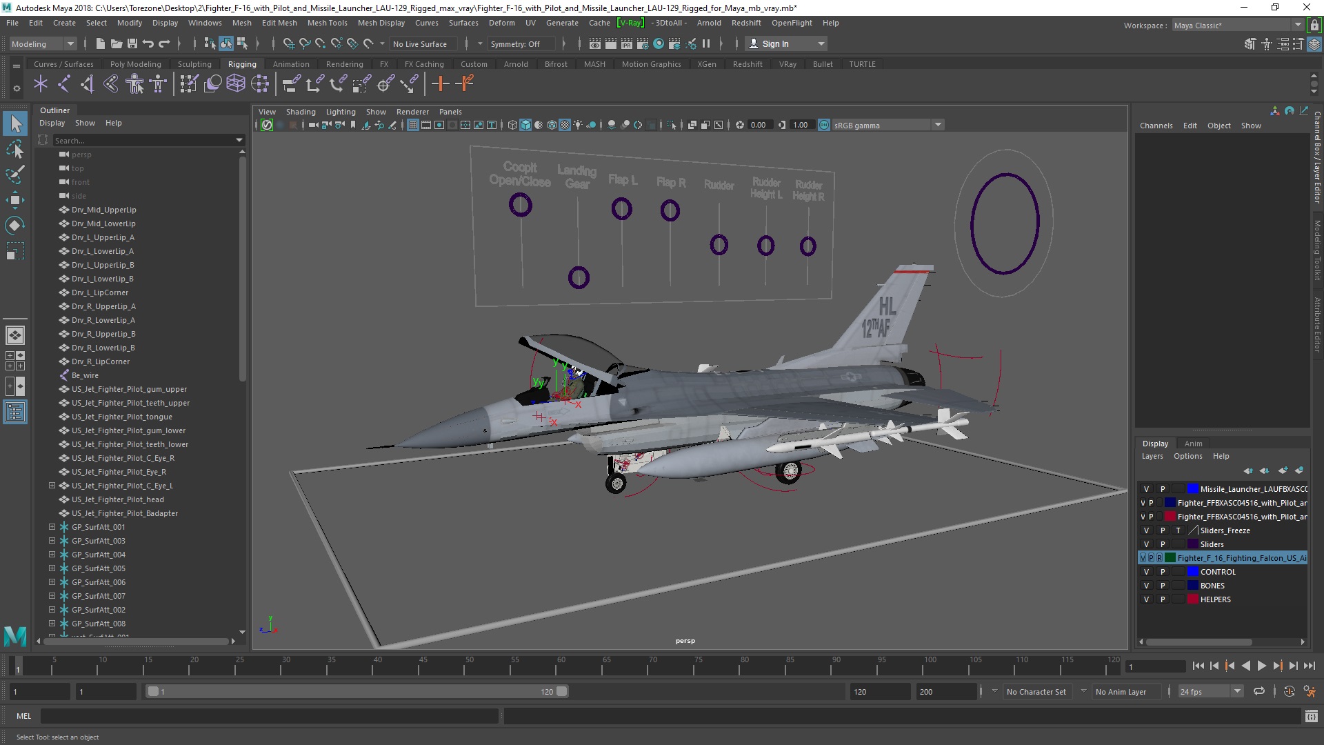 3D Fighter F-16 with Pilot and Missile Launcher LAU-129 Rigged for Maya model