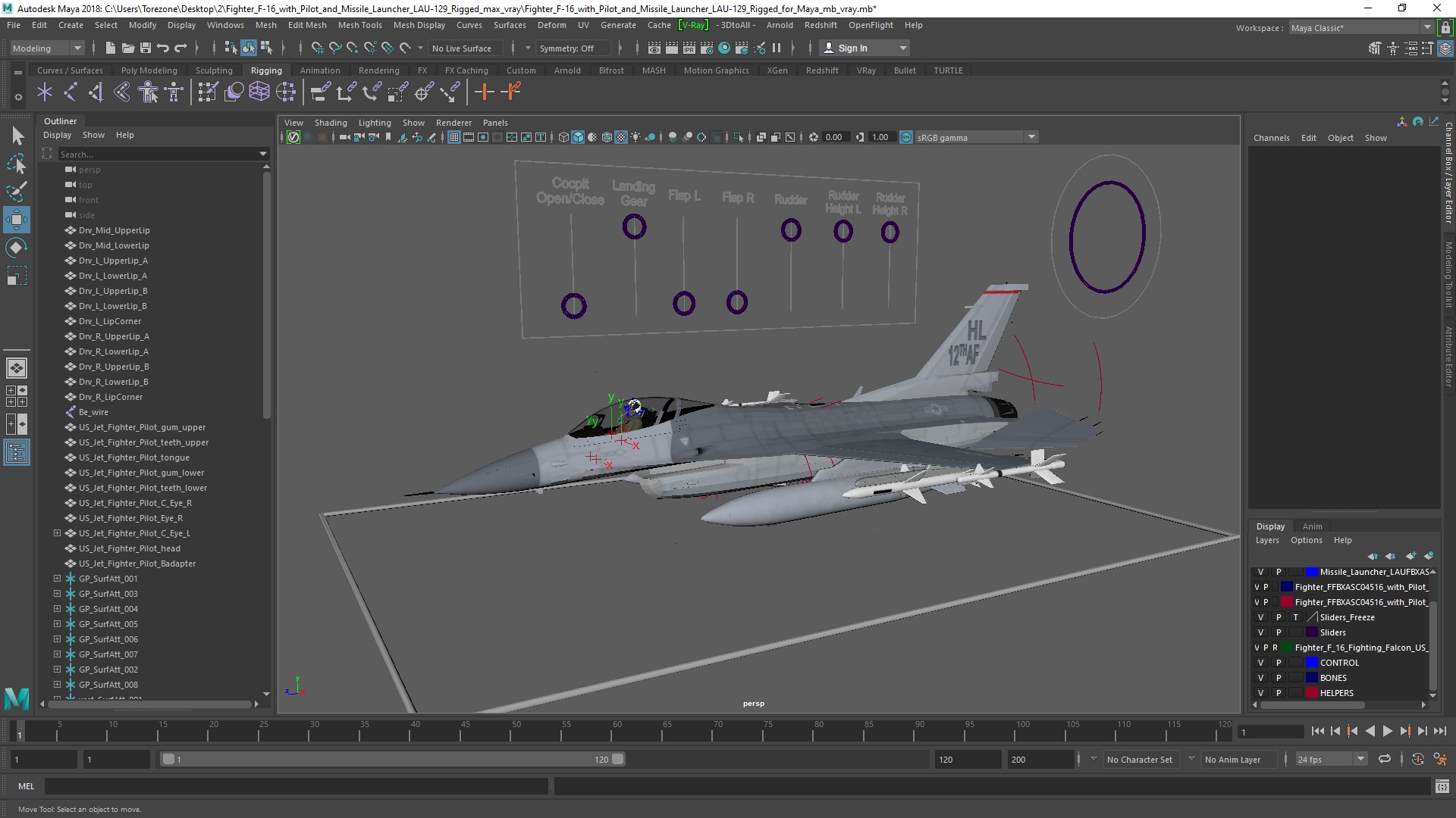 3D Fighter F-16 with Pilot and Missile Launcher LAU-129 Rigged for Maya model