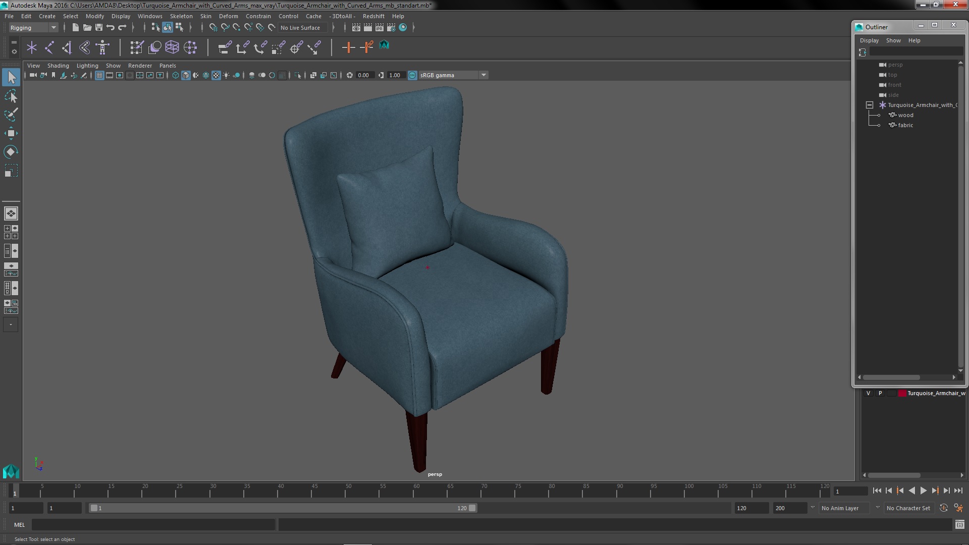 3D model Turquoise Armchair with Curved Arms