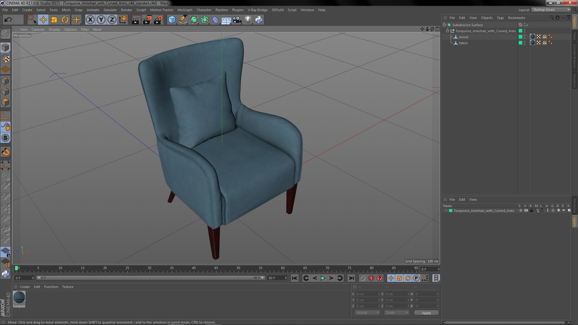 3D model Turquoise Armchair with Curved Arms