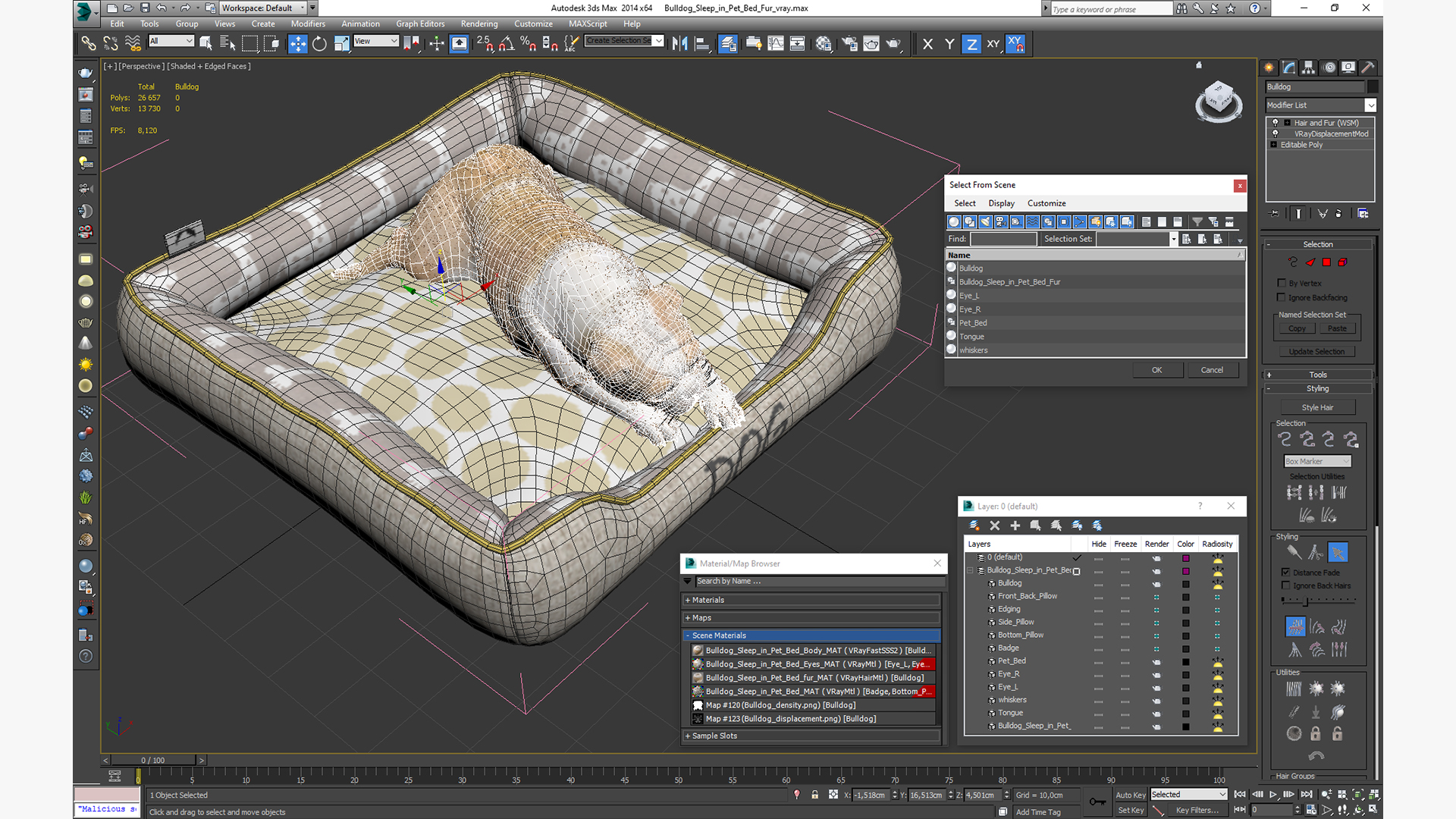 3D Bulldog Sleep in Pet Bed Fur model