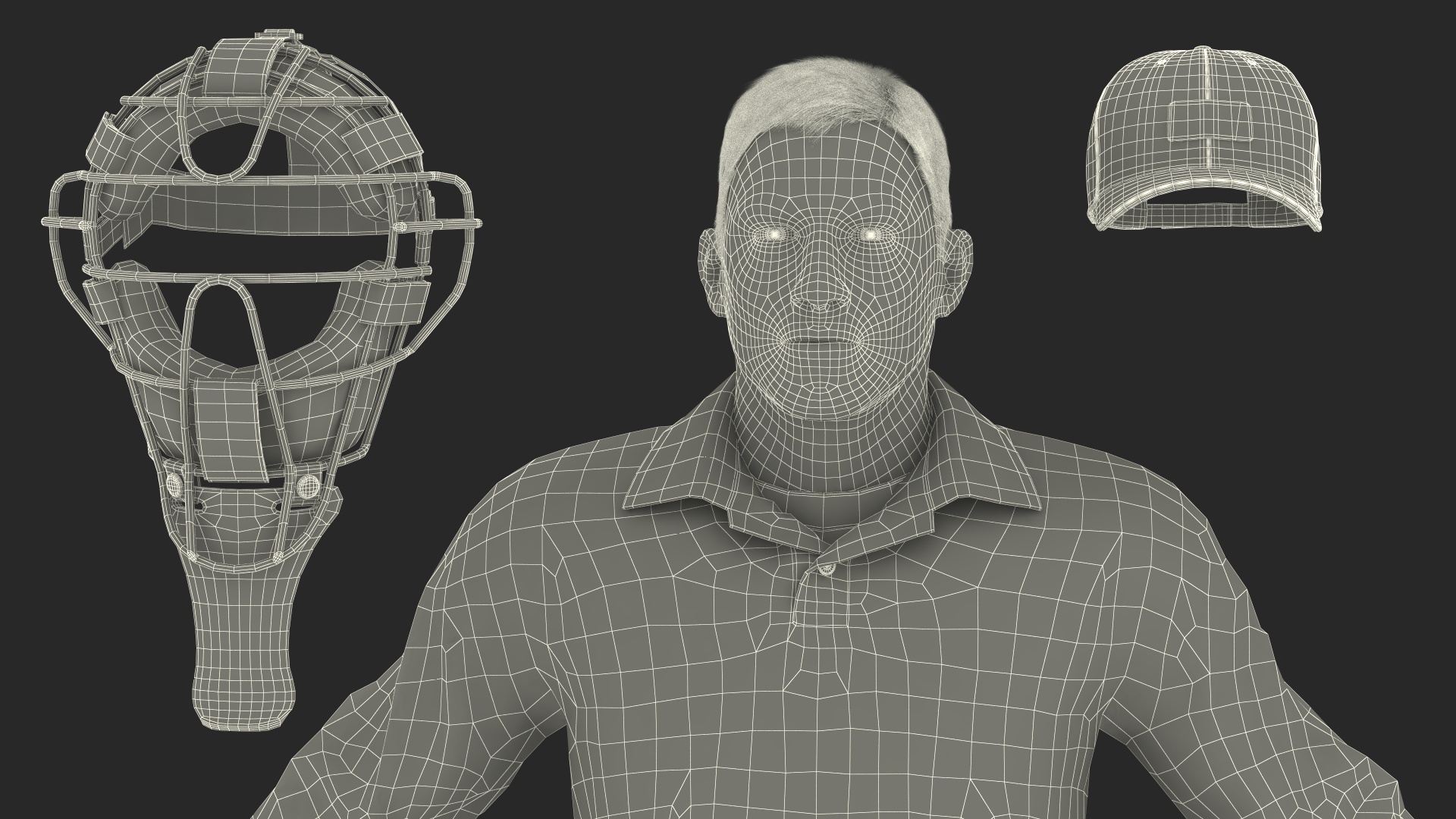 3D model Baseball Umpire with Protective Mask and Cap Fur Rigged