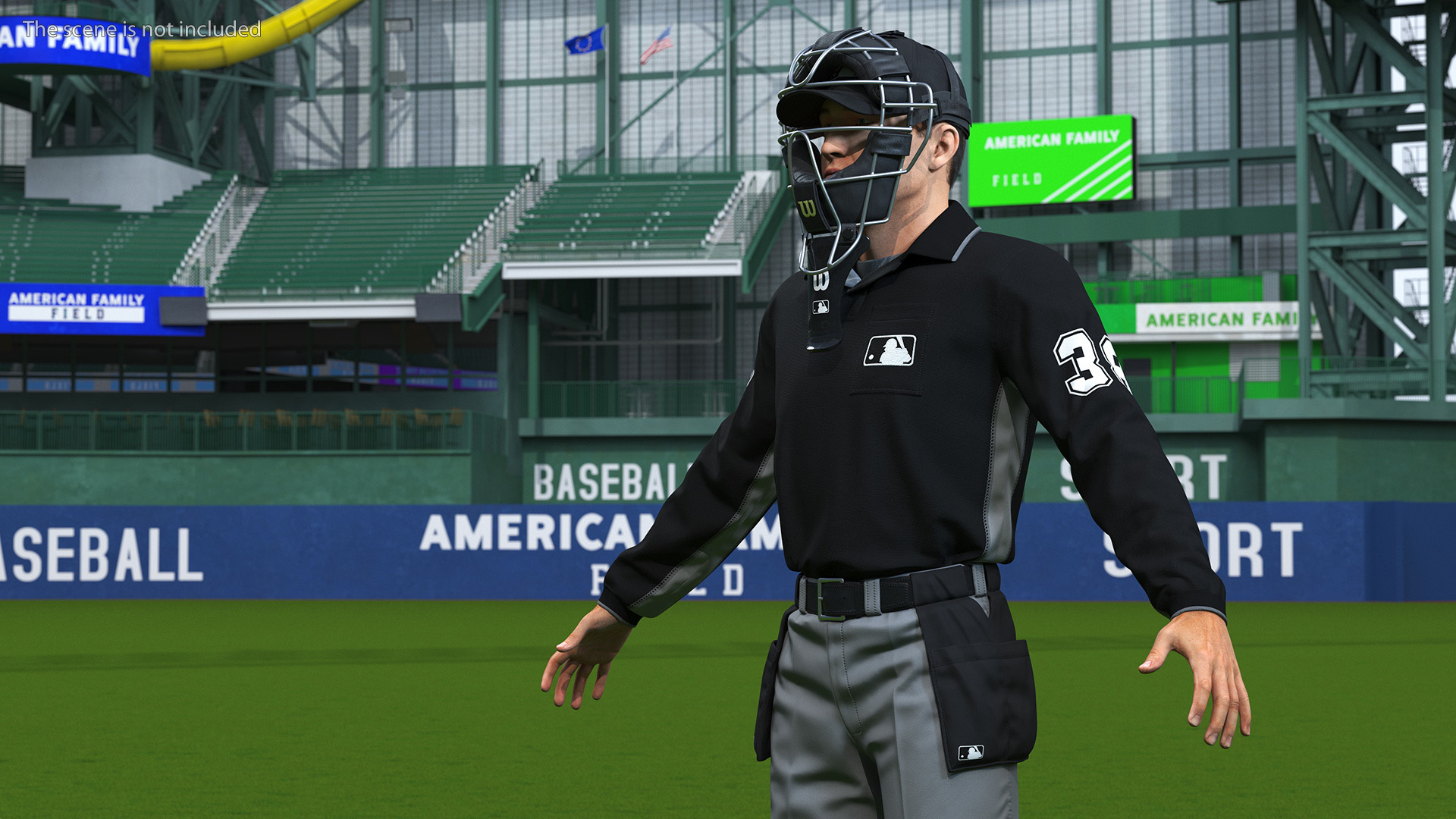 3D model Baseball Umpire with Protective Mask and Cap Fur Rigged