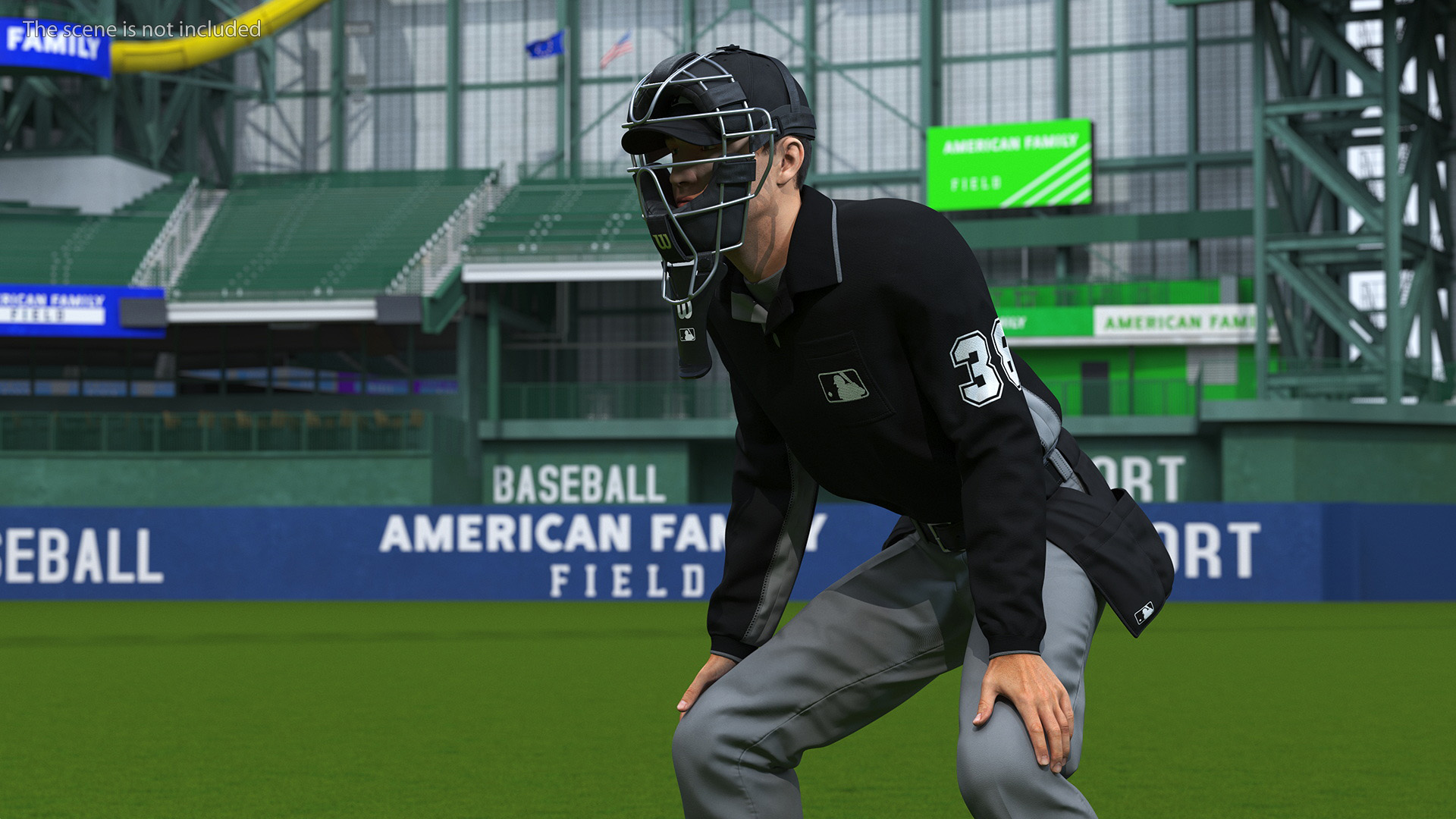 3D model Baseball Umpire with Protective Mask and Cap Fur Rigged