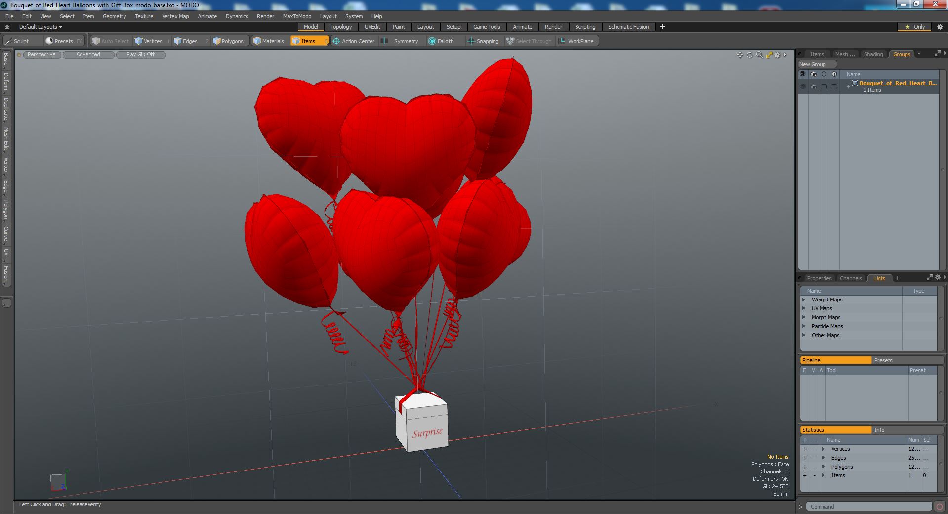 3D Bouquet of Red Heart Balloons with Gift Box model
