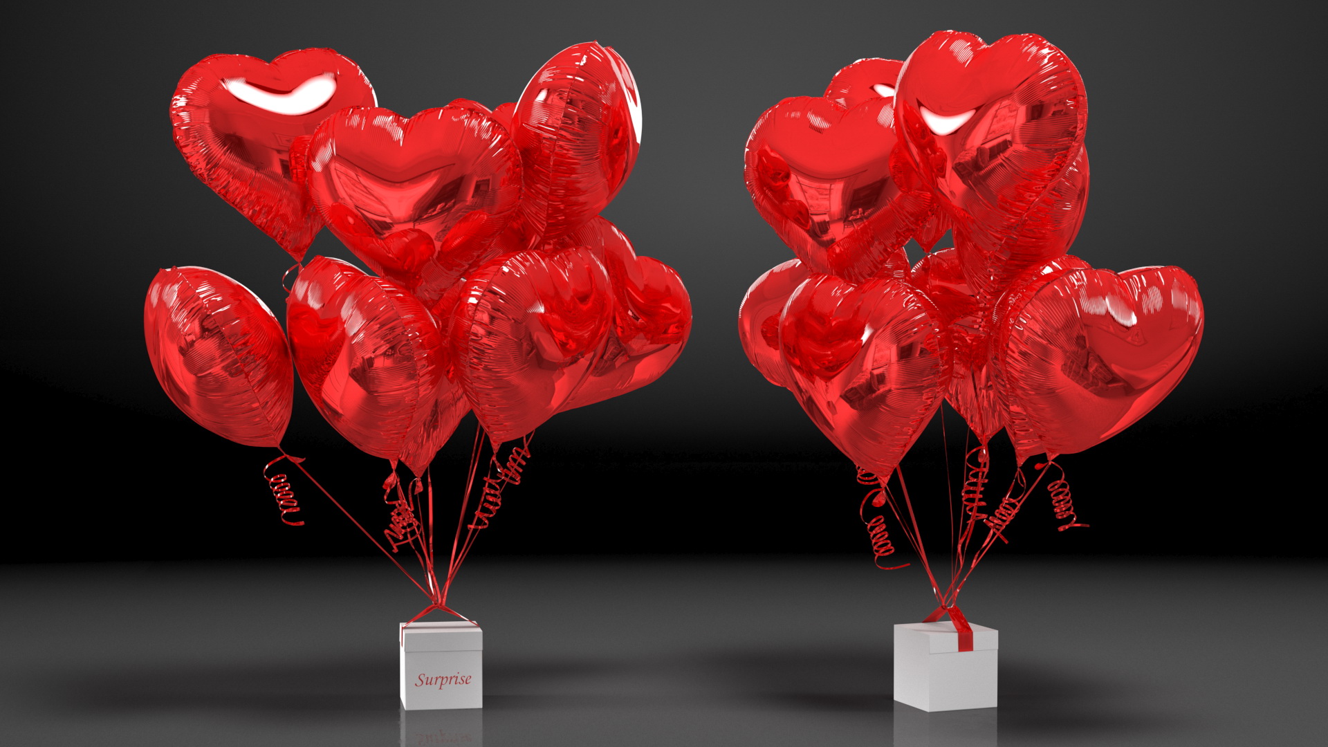 3D Bouquet of Red Heart Balloons with Gift Box model
