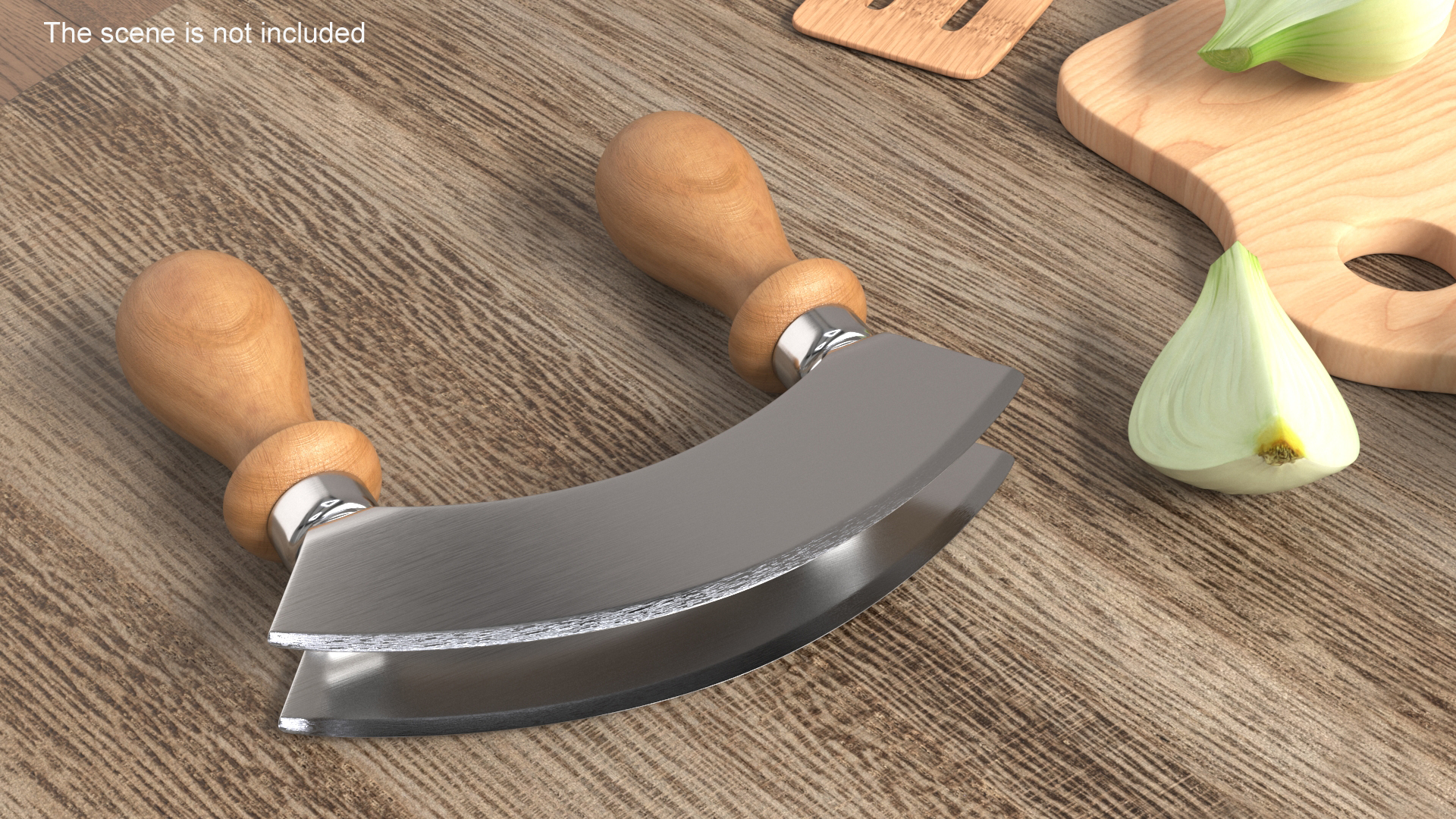 Mezzaluna with Two Blades and Wooden Handles 3D model