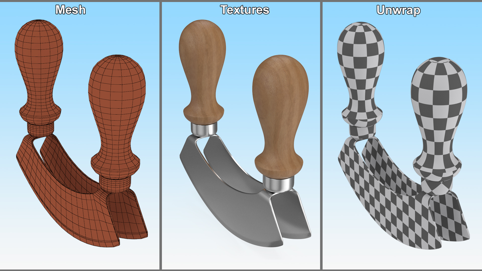 Mezzaluna with Two Blades and Wooden Handles 3D model