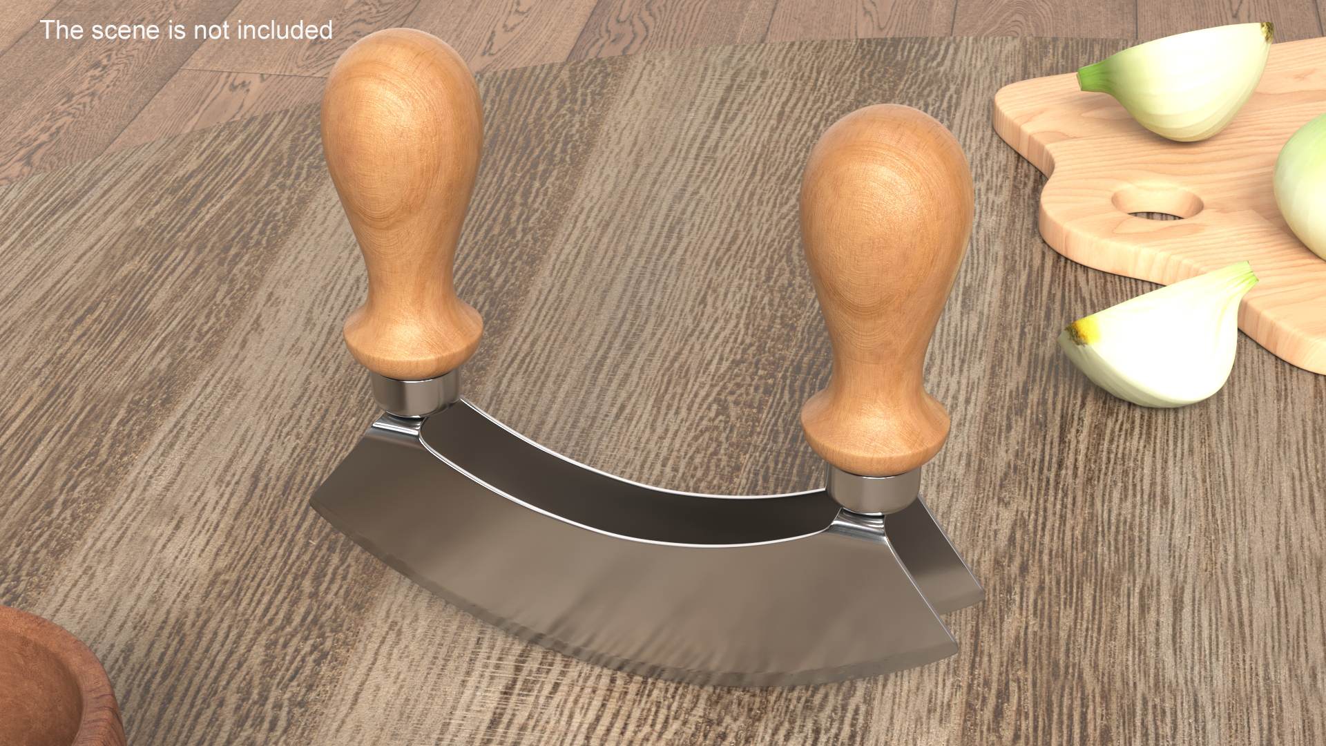 Mezzaluna with Two Blades and Wooden Handles 3D model