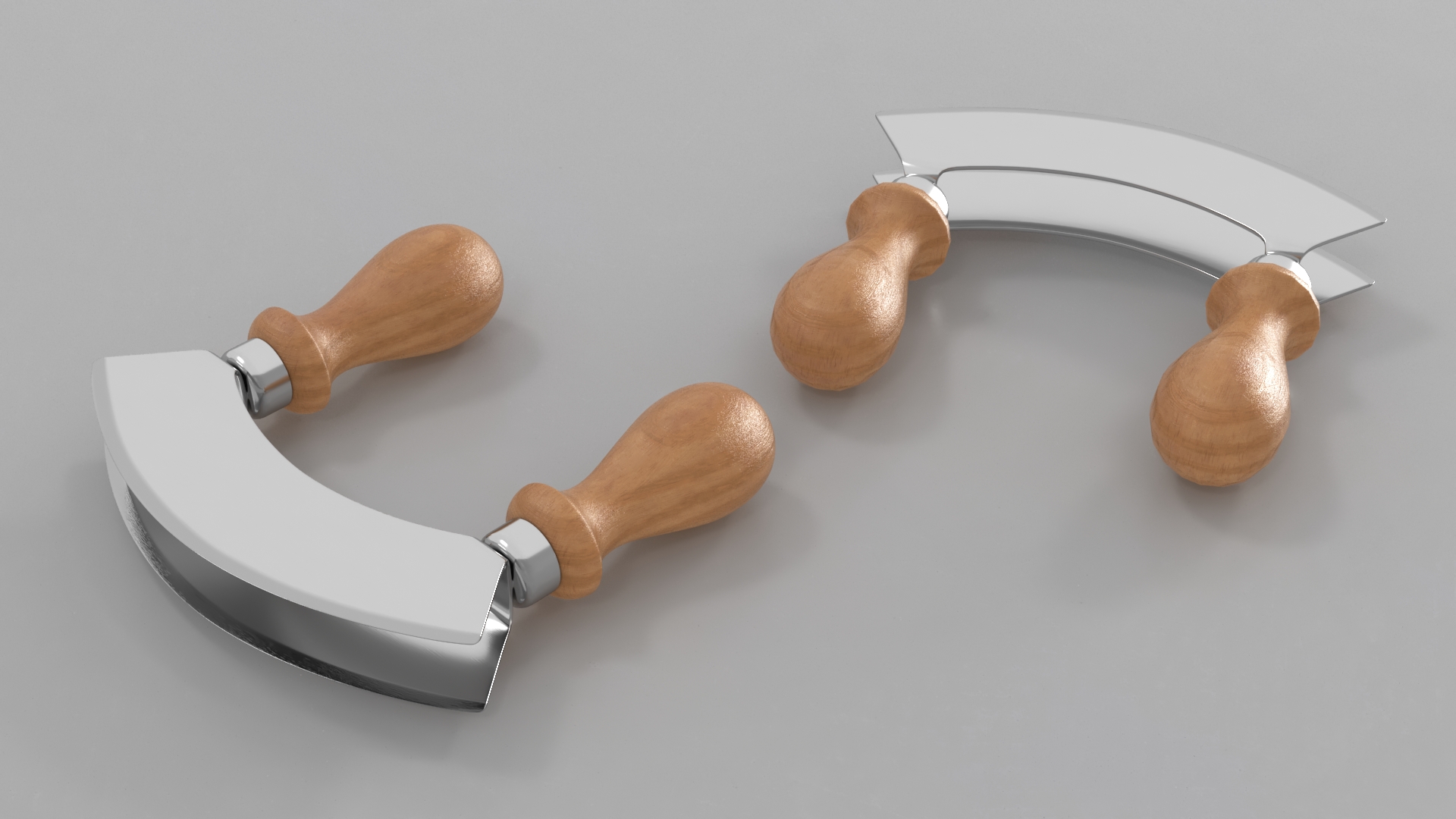 Mezzaluna with Two Blades and Wooden Handles 3D model
