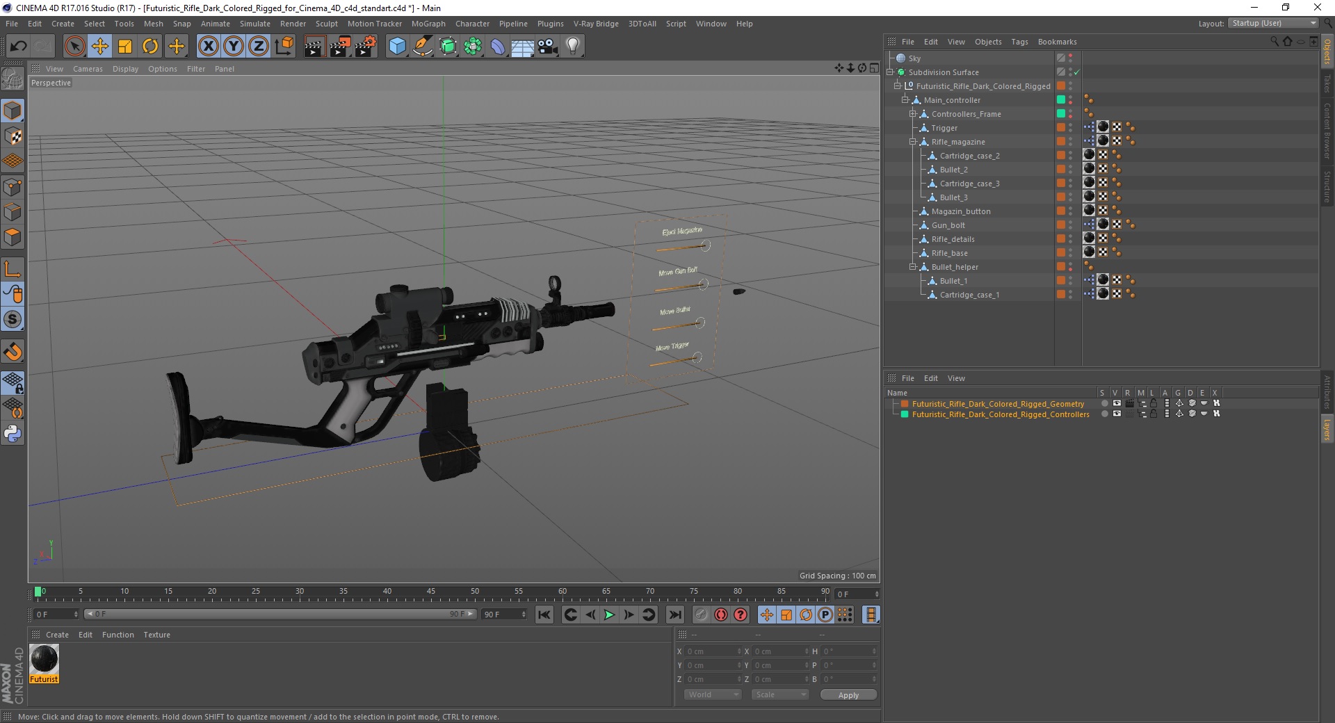 3D model Futuristic Rifle Dark Colored Rigged for Cinema 4D