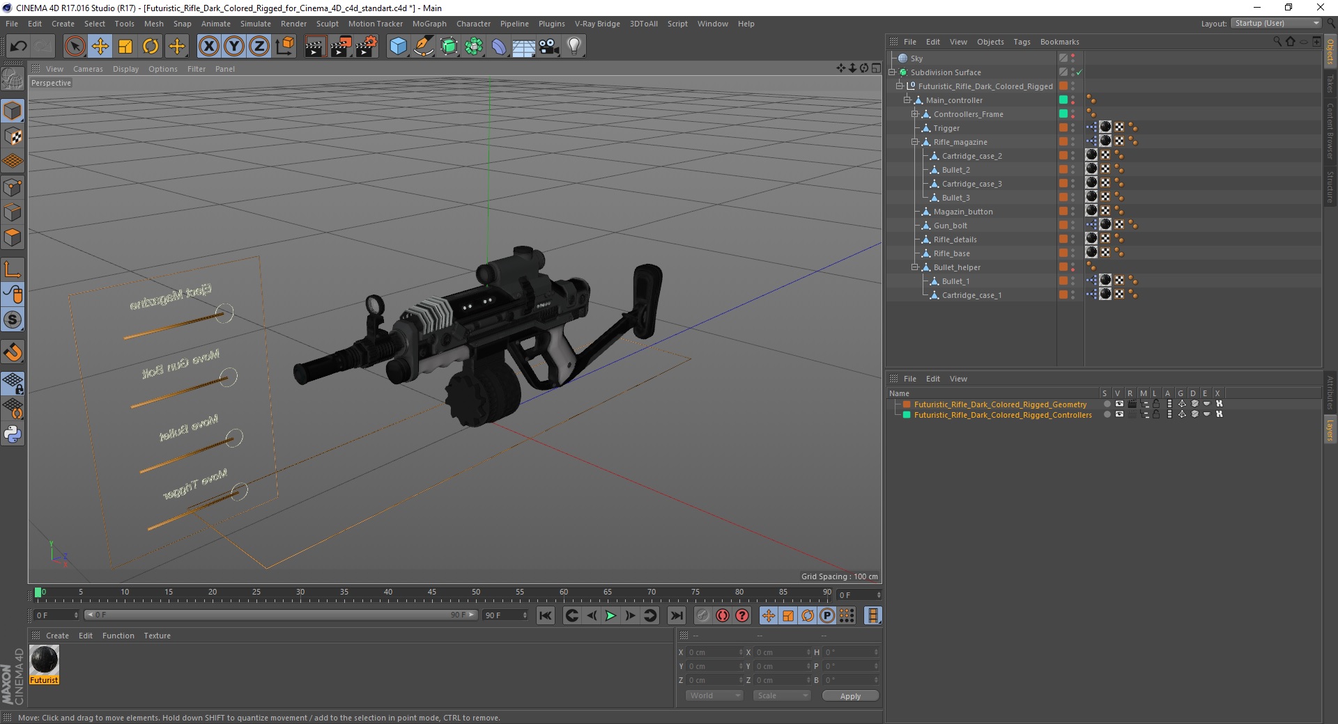 3D model Futuristic Rifle Dark Colored Rigged for Cinema 4D