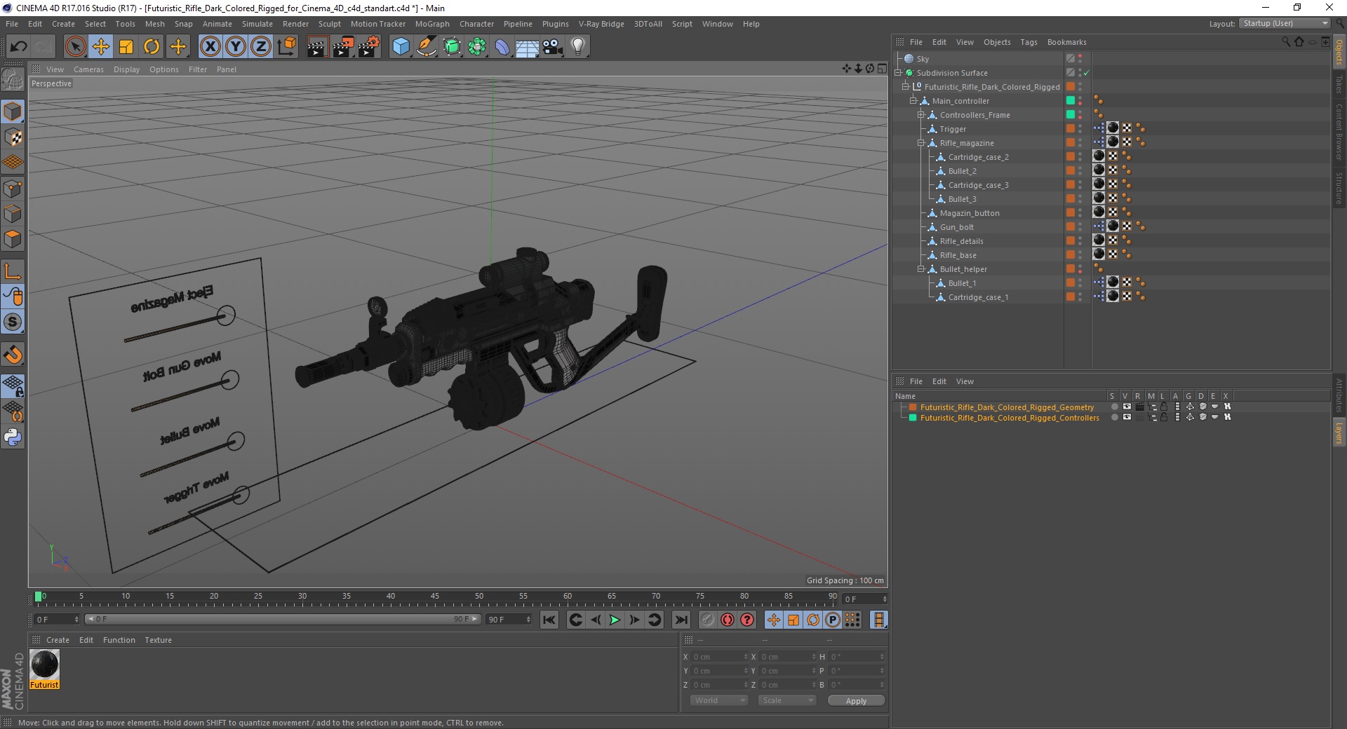 3D model Futuristic Rifle Dark Colored Rigged for Cinema 4D