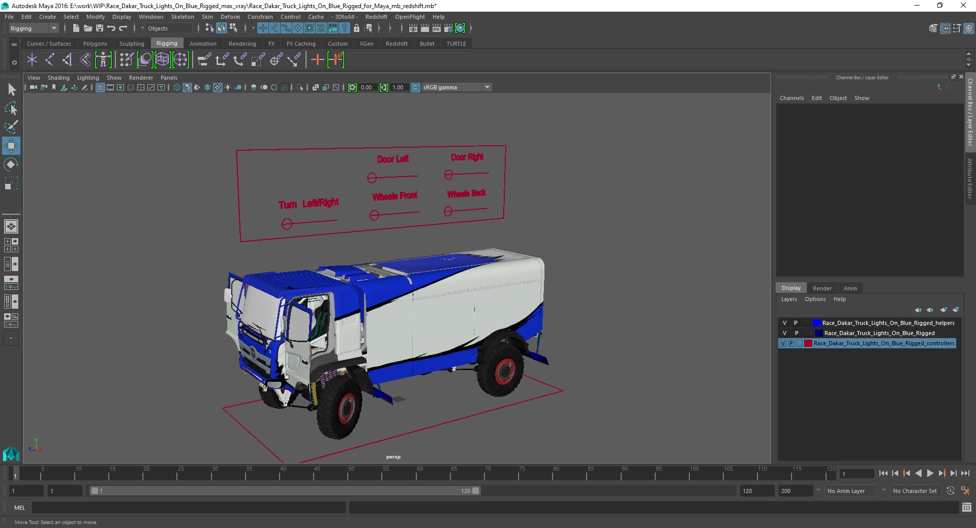 Race Dakar Truck Lights On Blue Rigged for Maya 3D