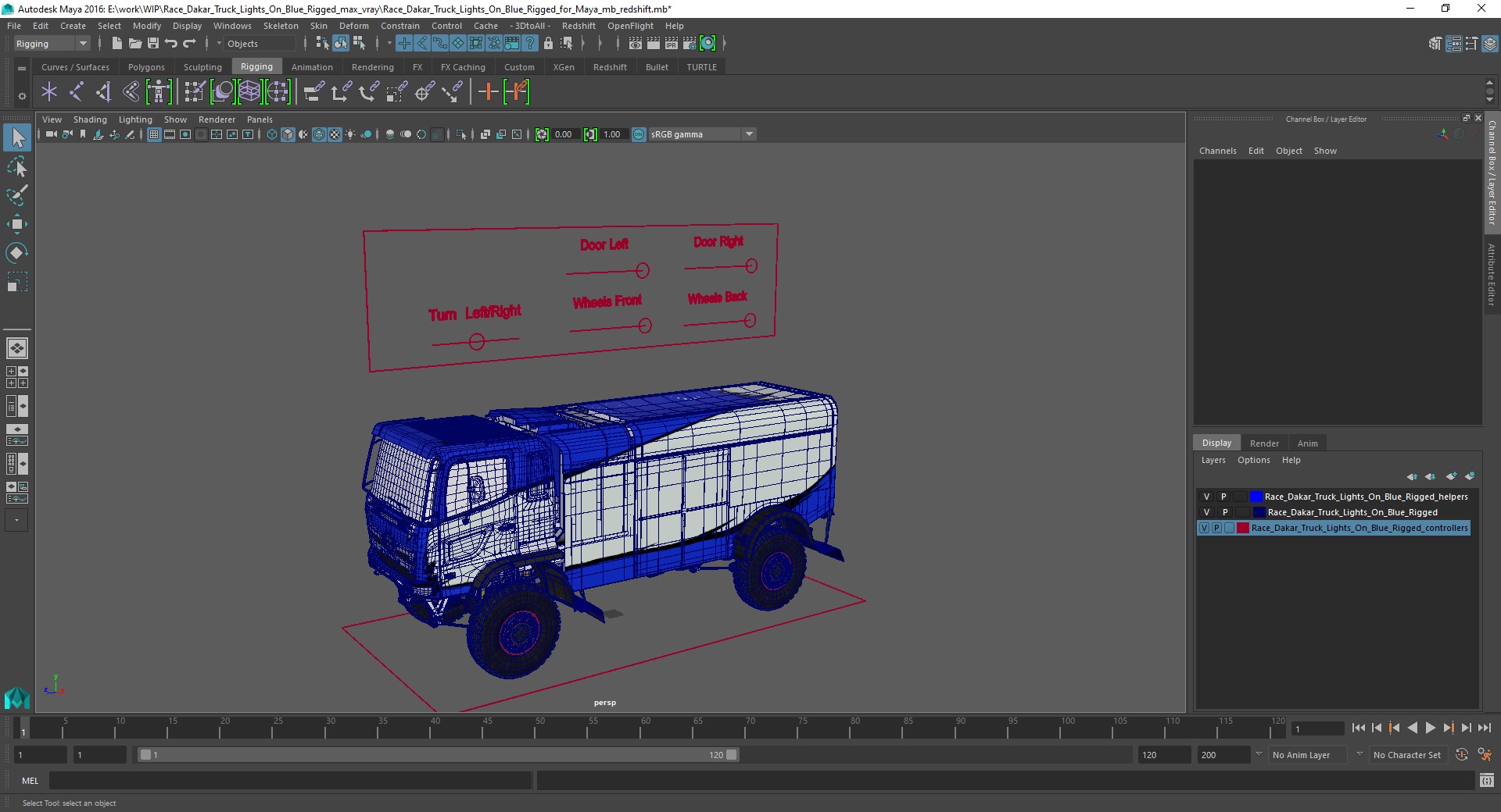 Race Dakar Truck Lights On Blue Rigged for Maya 3D