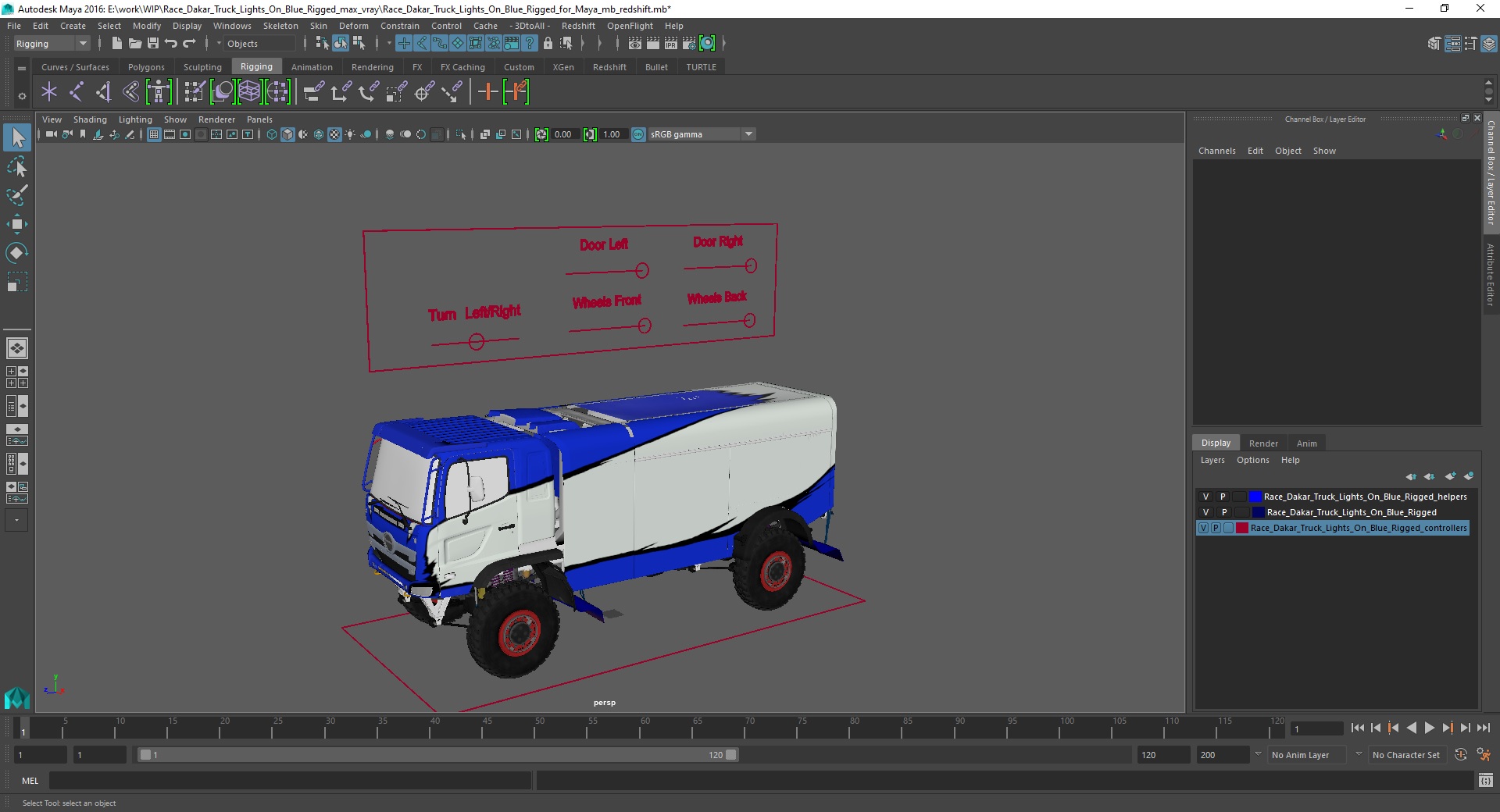 Race Dakar Truck Lights On Blue Rigged for Maya 3D