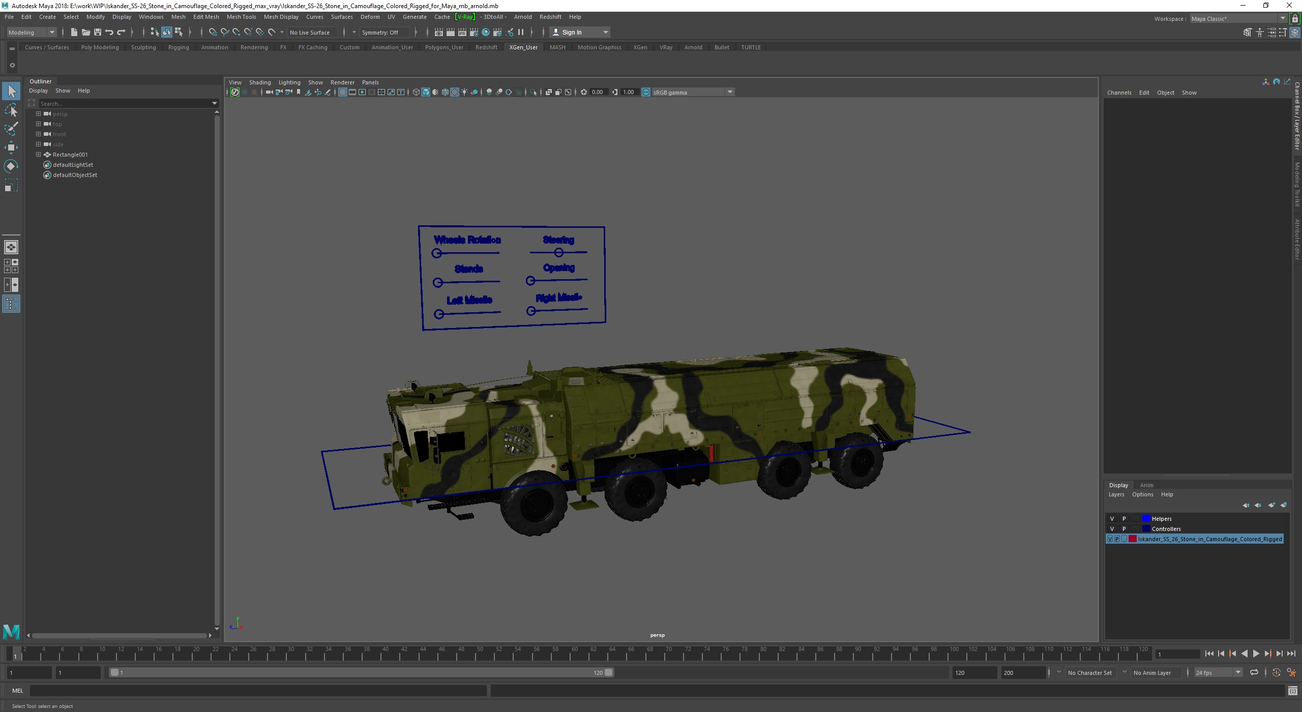 3D Iskander SS-26 Stone in Camouflage Colored Rigged for Maya model