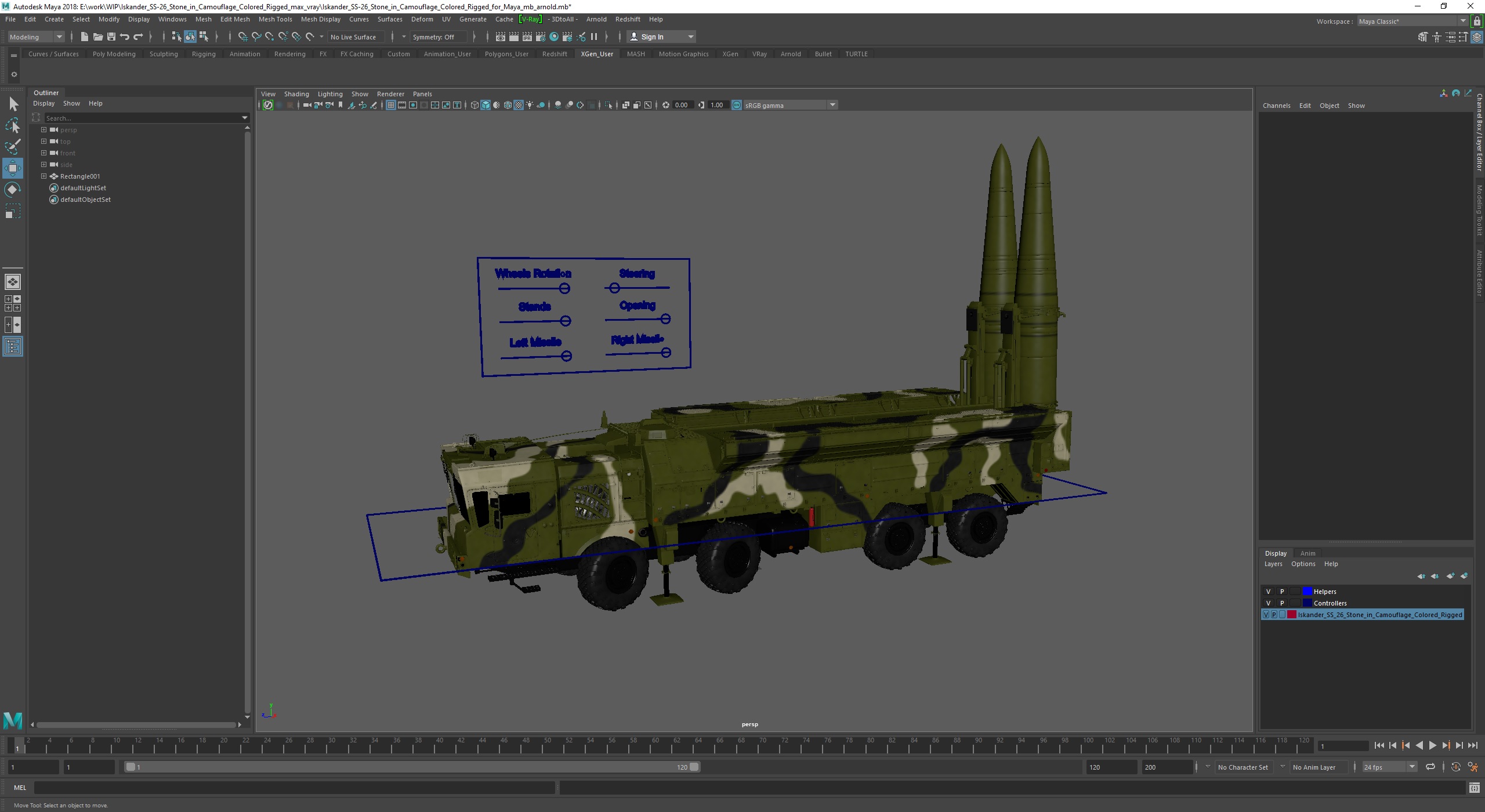 3D Iskander SS-26 Stone in Camouflage Colored Rigged for Maya model