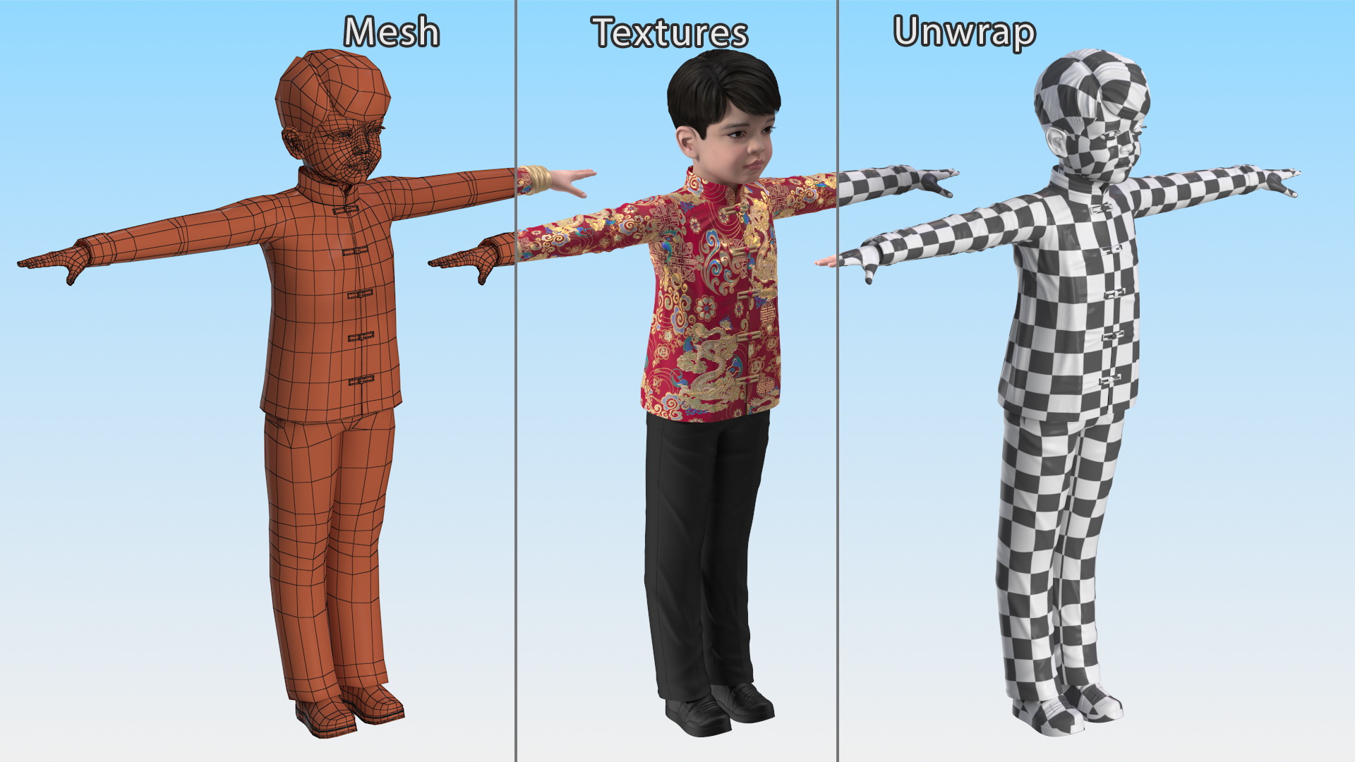 3D Chinese Boy Dragon Silk Costume Rigged model