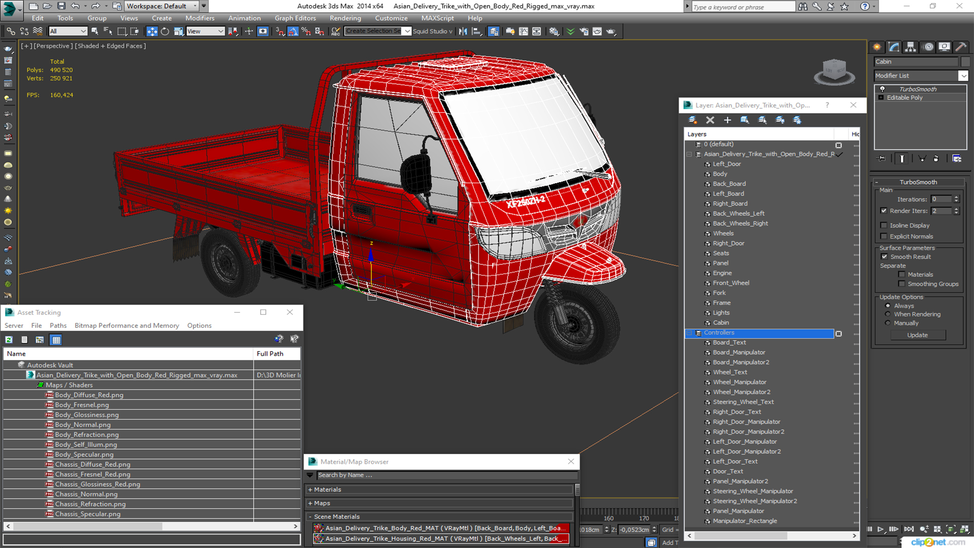 3D Asian Delivery Trike with Open Body Red Rigged