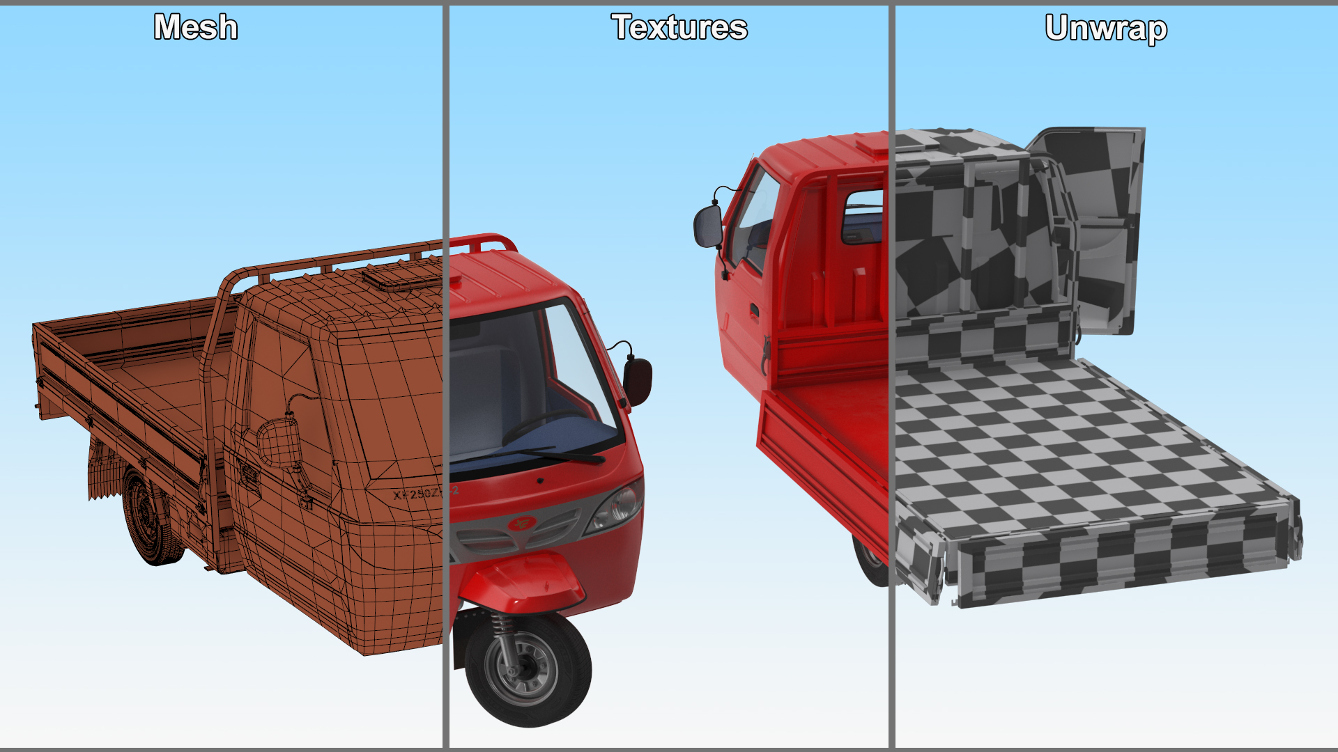 3D Asian Delivery Trike with Open Body Red Rigged