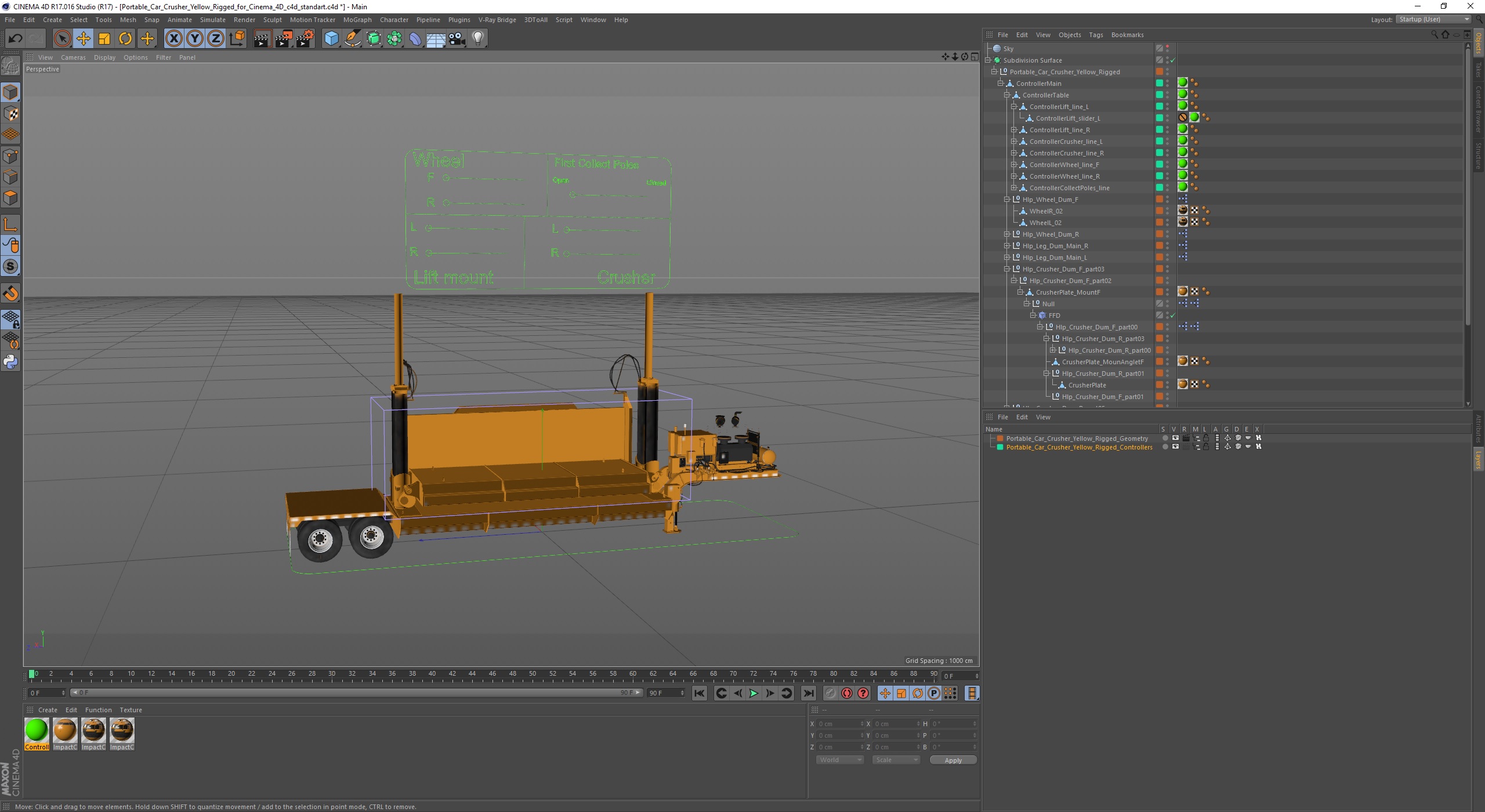 3D Portable Car Crusher Yellow Rigged for Cinema 4D model