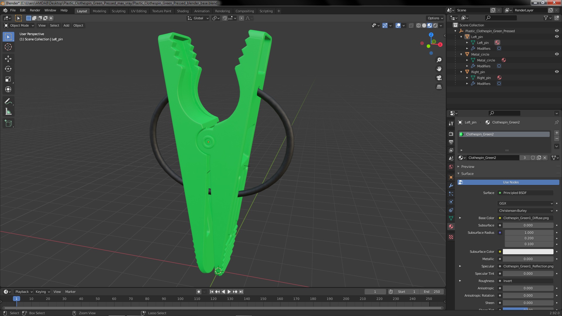 Plastic Clothespin Green Pressed 3D