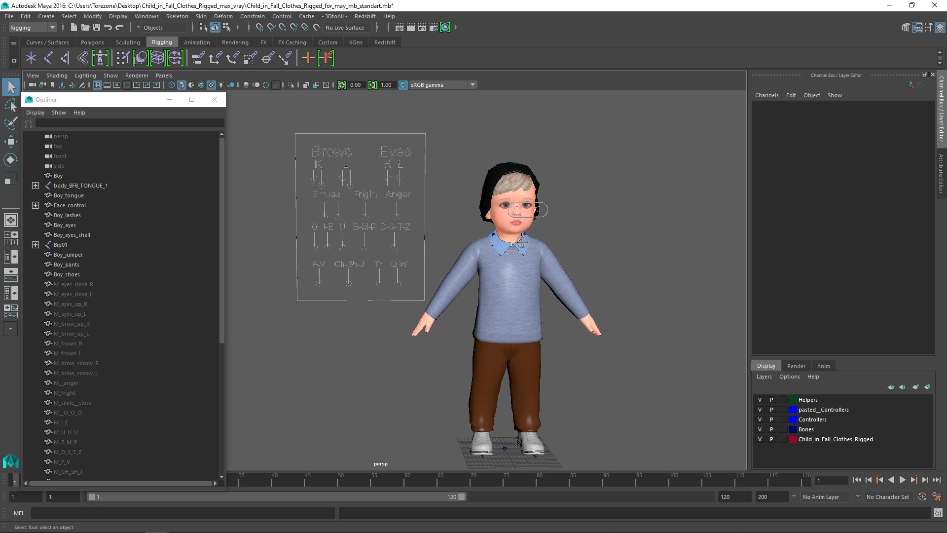 Child in Fall Clothes Rigged for Maya 3D