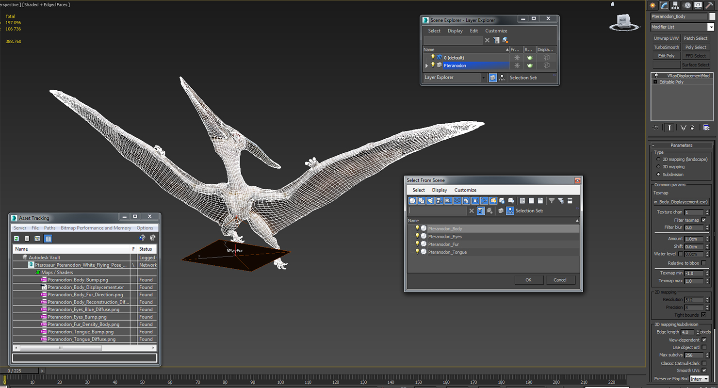 Pterosaur Pteranodon White Flying Pose with Fur 3D