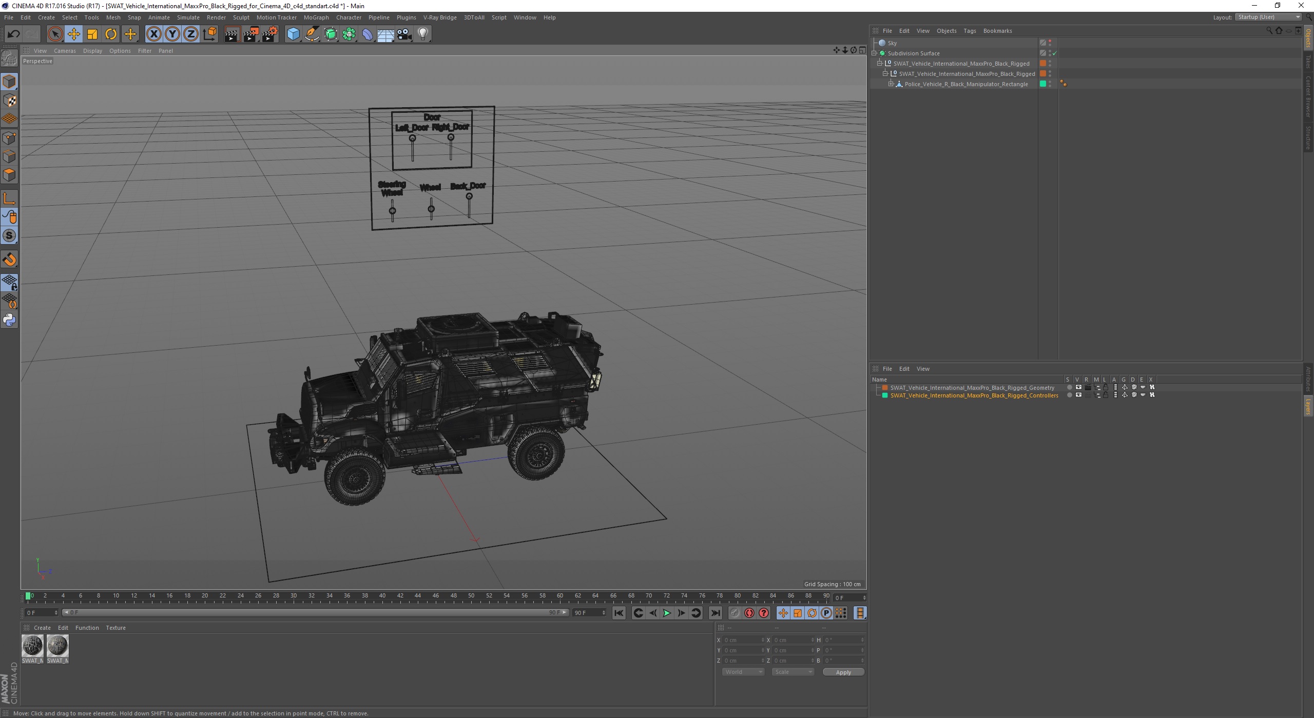 3D SWAT Vehicle International MaxxPro Black Rigged for Cinema 4D