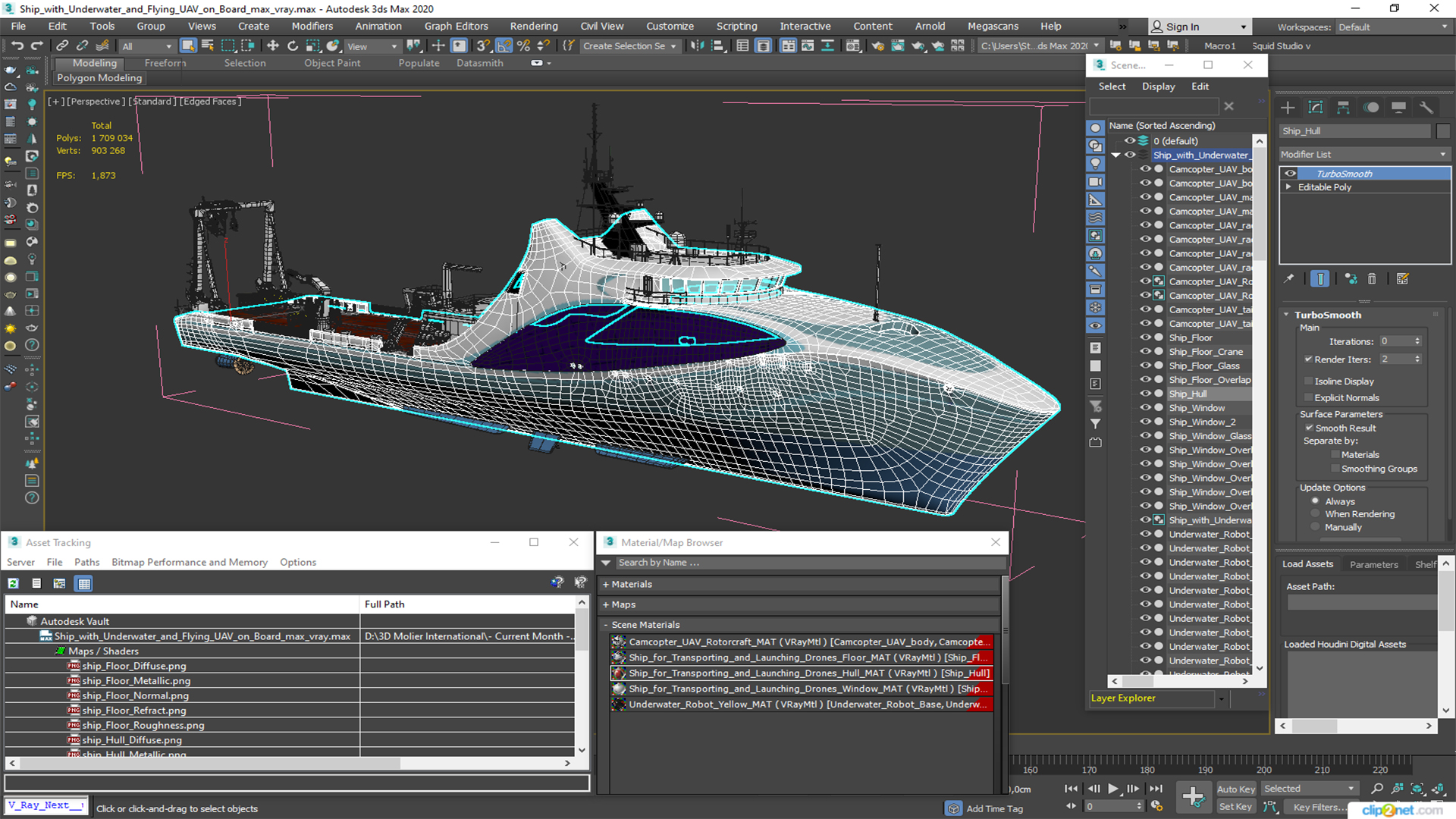 Ship with Underwater and Flying UAV on Board 3D model