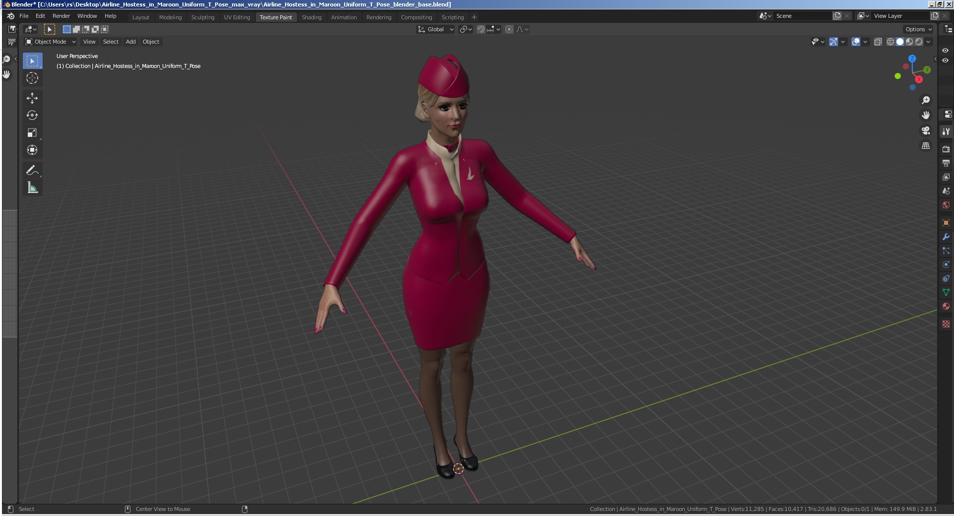 3D model Airline Hostess in Maroon Uniform T Pose