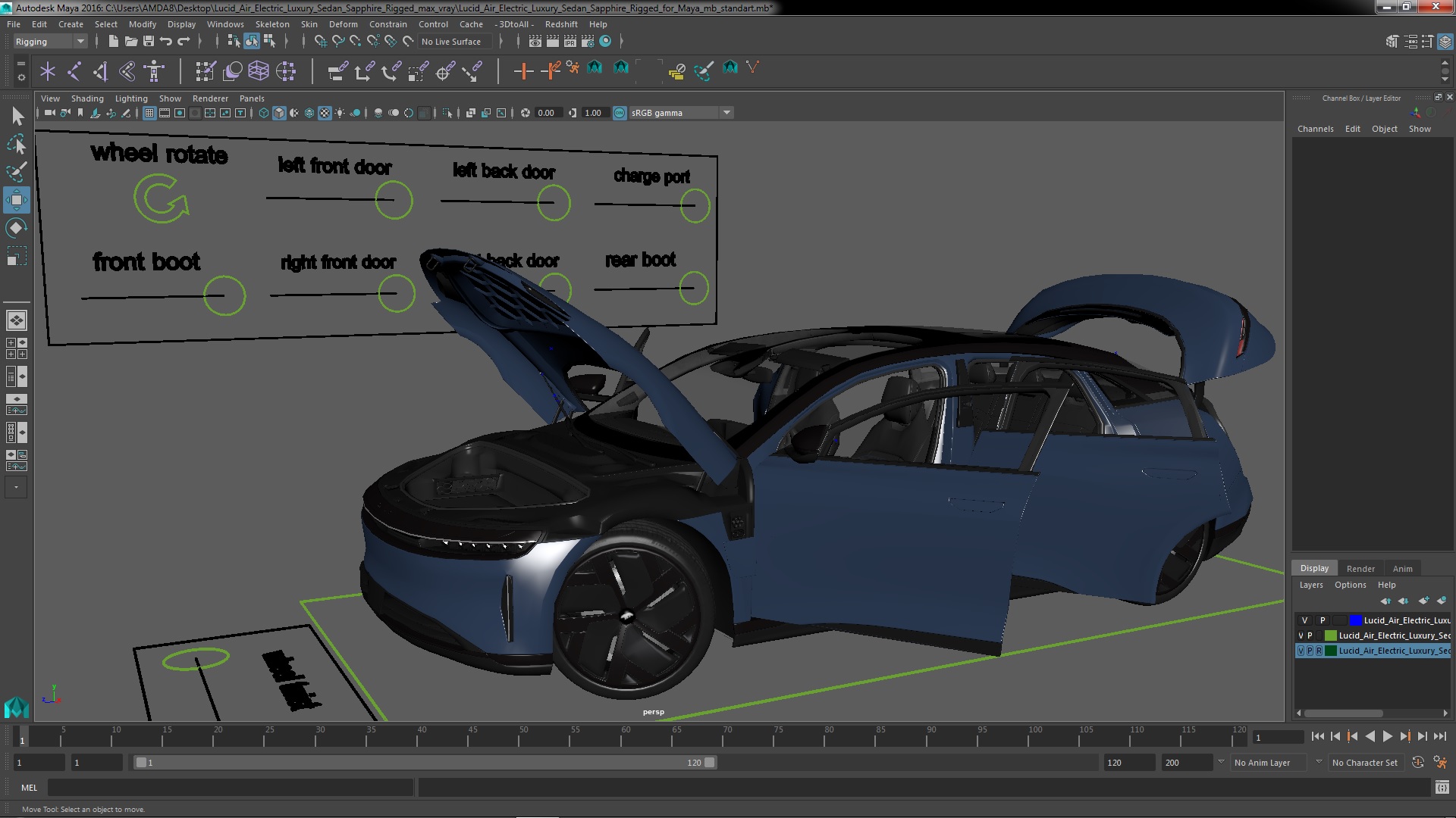 3D Lucid Air Electric Luxury Sedan Sapphire Rigged for Maya
