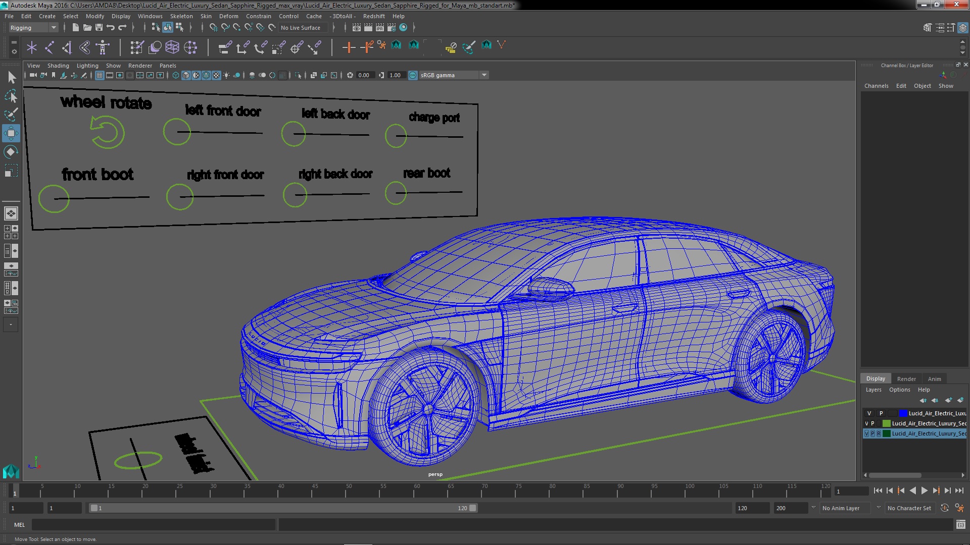 3D Lucid Air Electric Luxury Sedan Sapphire Rigged for Maya