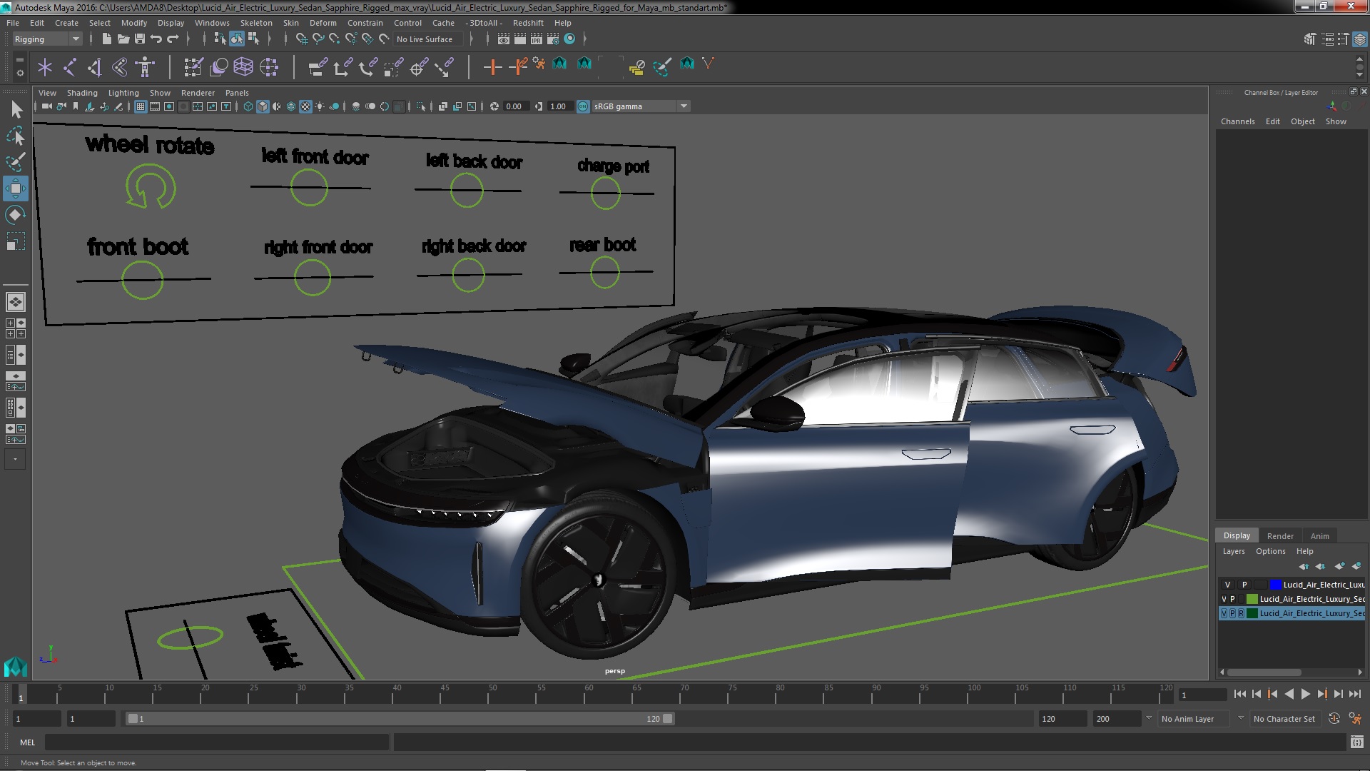 3D Lucid Air Electric Luxury Sedan Sapphire Rigged for Maya