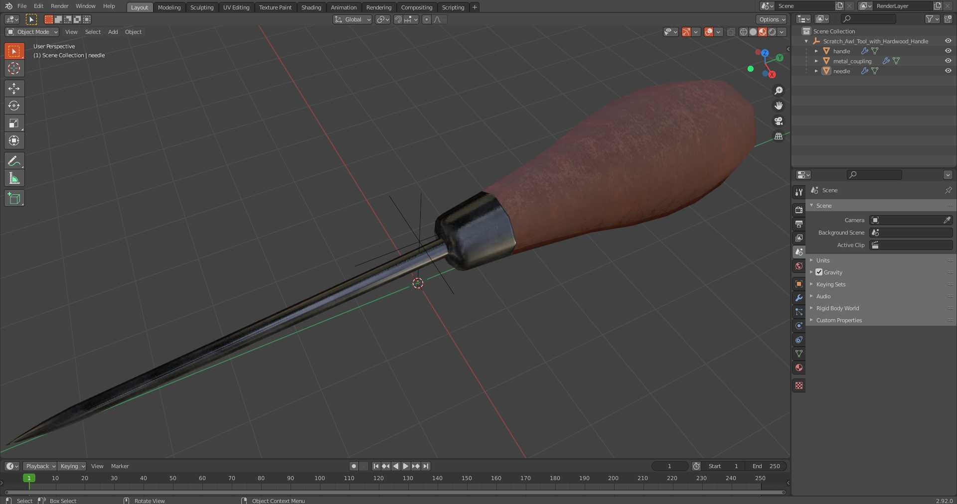 Scratch Awl Tool with Hardwood Handle 3D