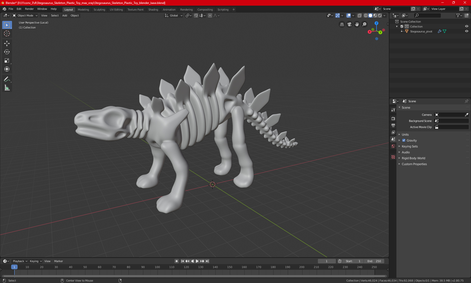 Stegosaurus Skeleton Plastic Toy 3D