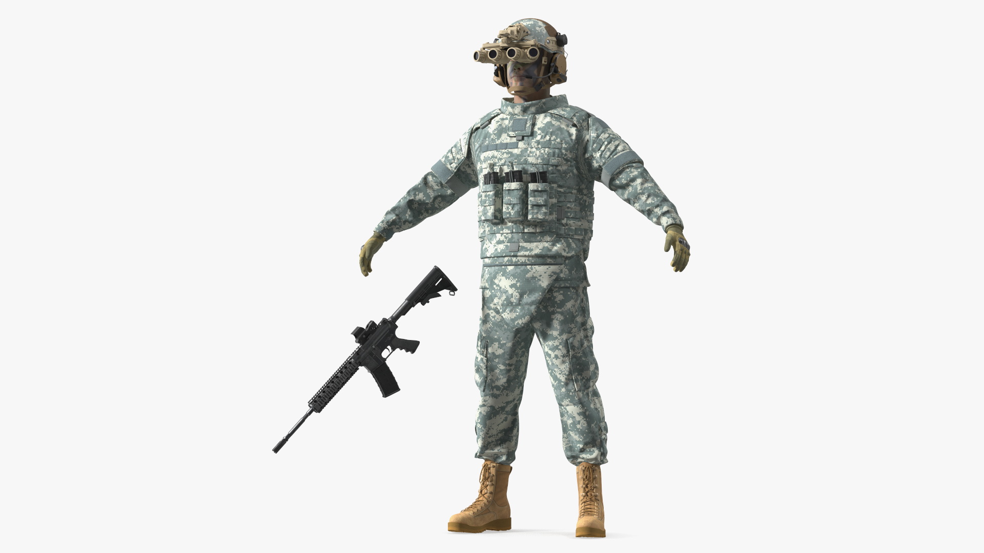 Military Soldier Grey Camo with Night Visor A-pose Fur 3D model