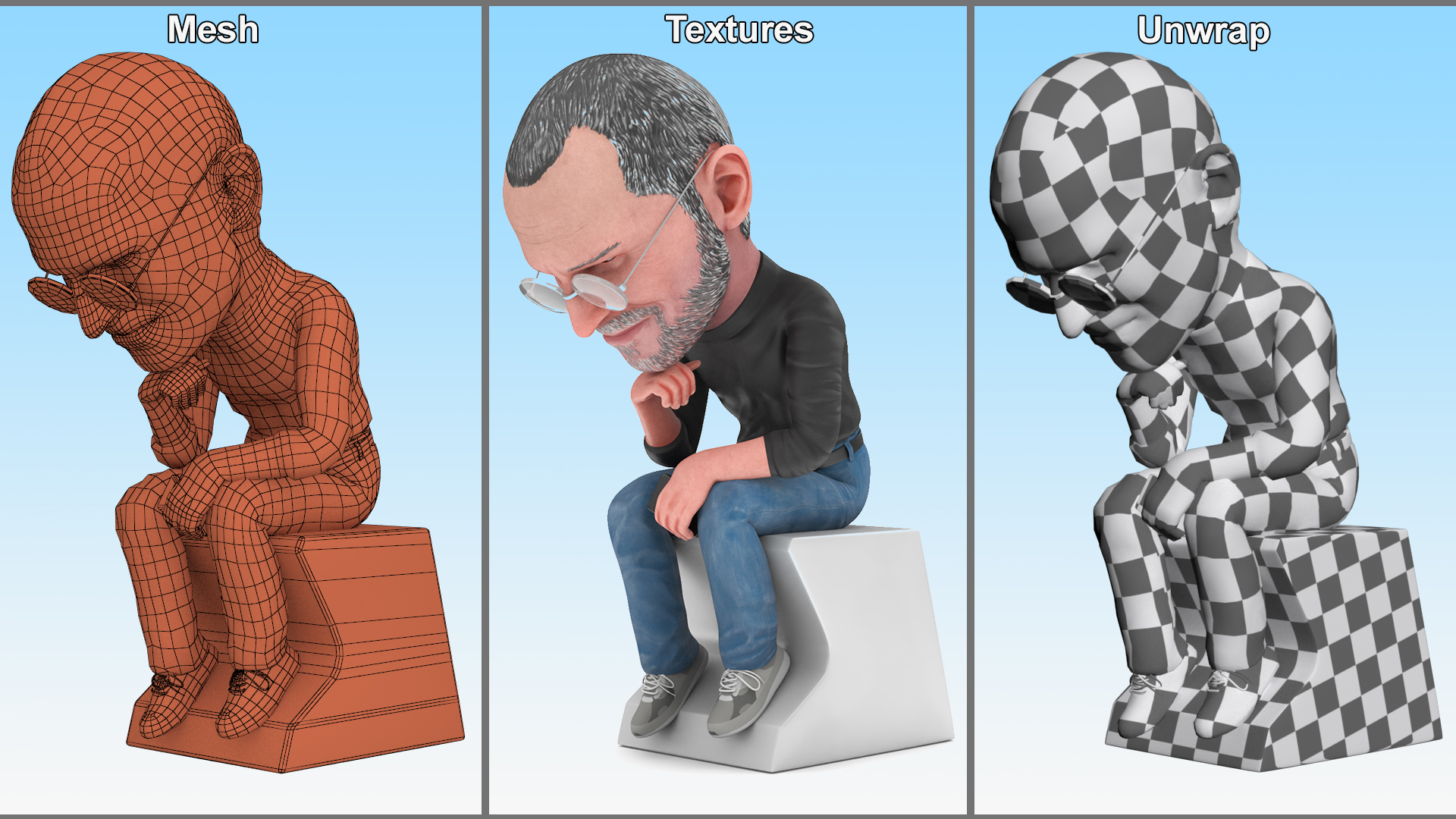 Steve Jobs Action Figure Thinker Pose 3D