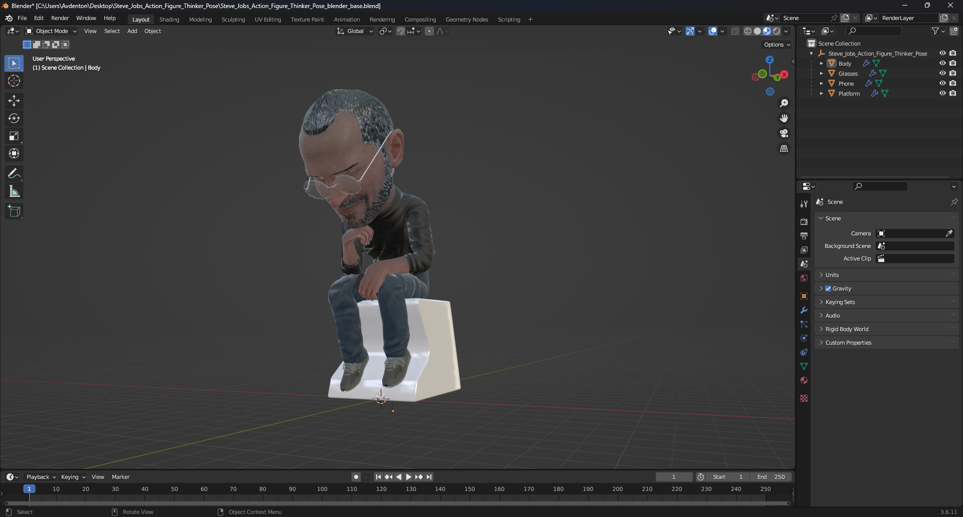 Steve Jobs Action Figure Thinker Pose 3D