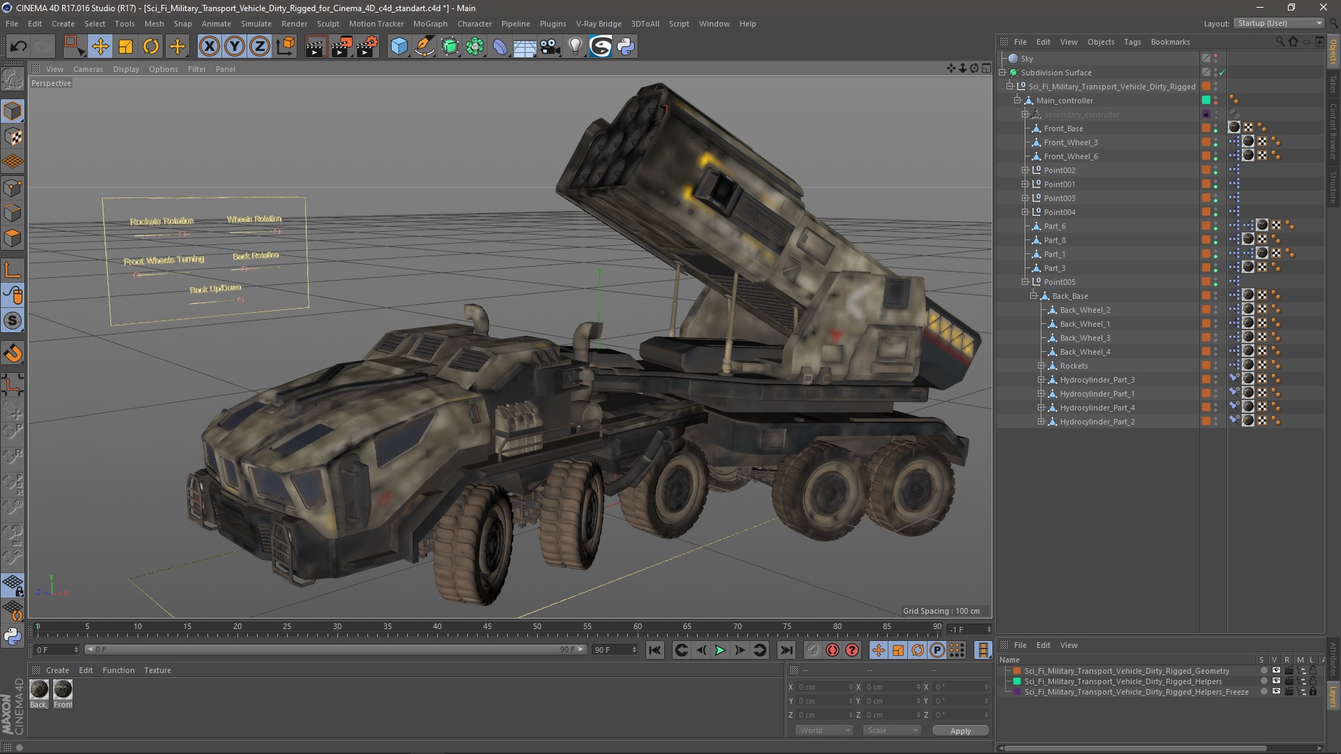 3D model Sci Fi Military Transport Vehicle Dirty Rigged for Cinema 4D