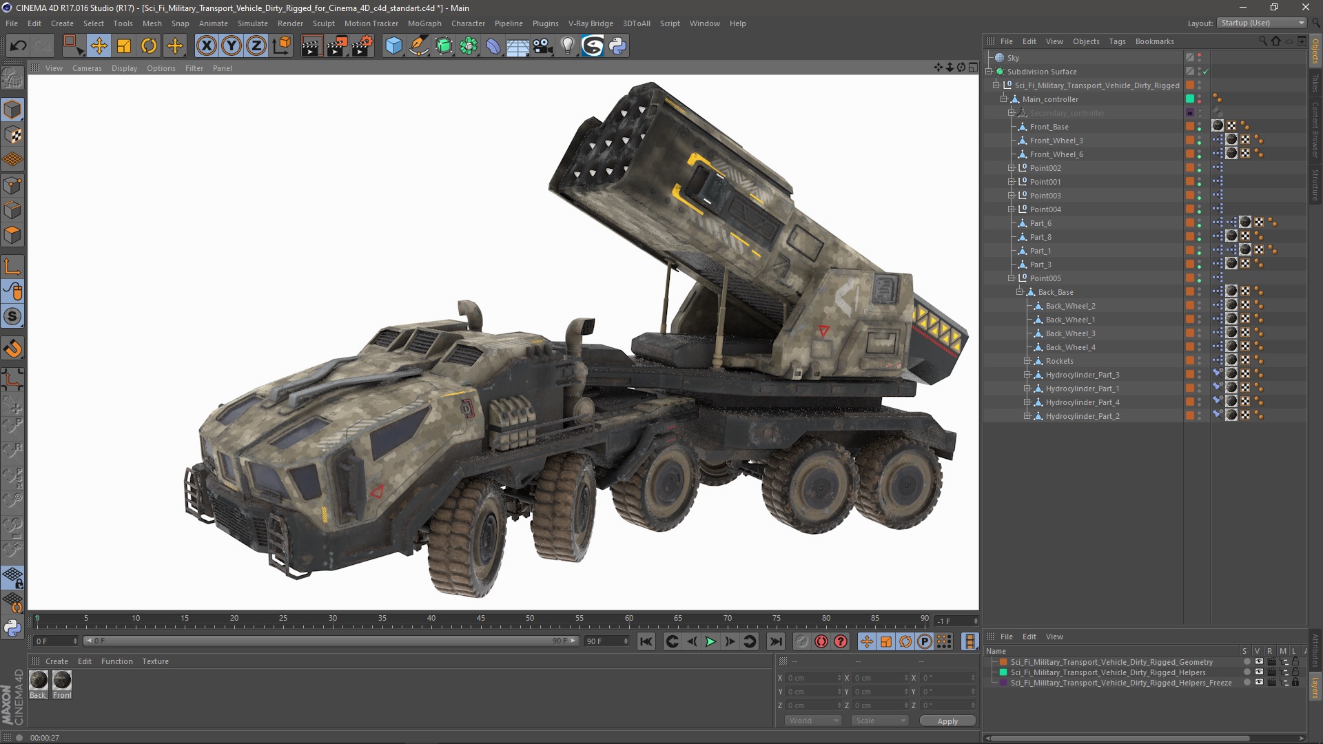 3D model Sci Fi Military Transport Vehicle Dirty Rigged for Cinema 4D