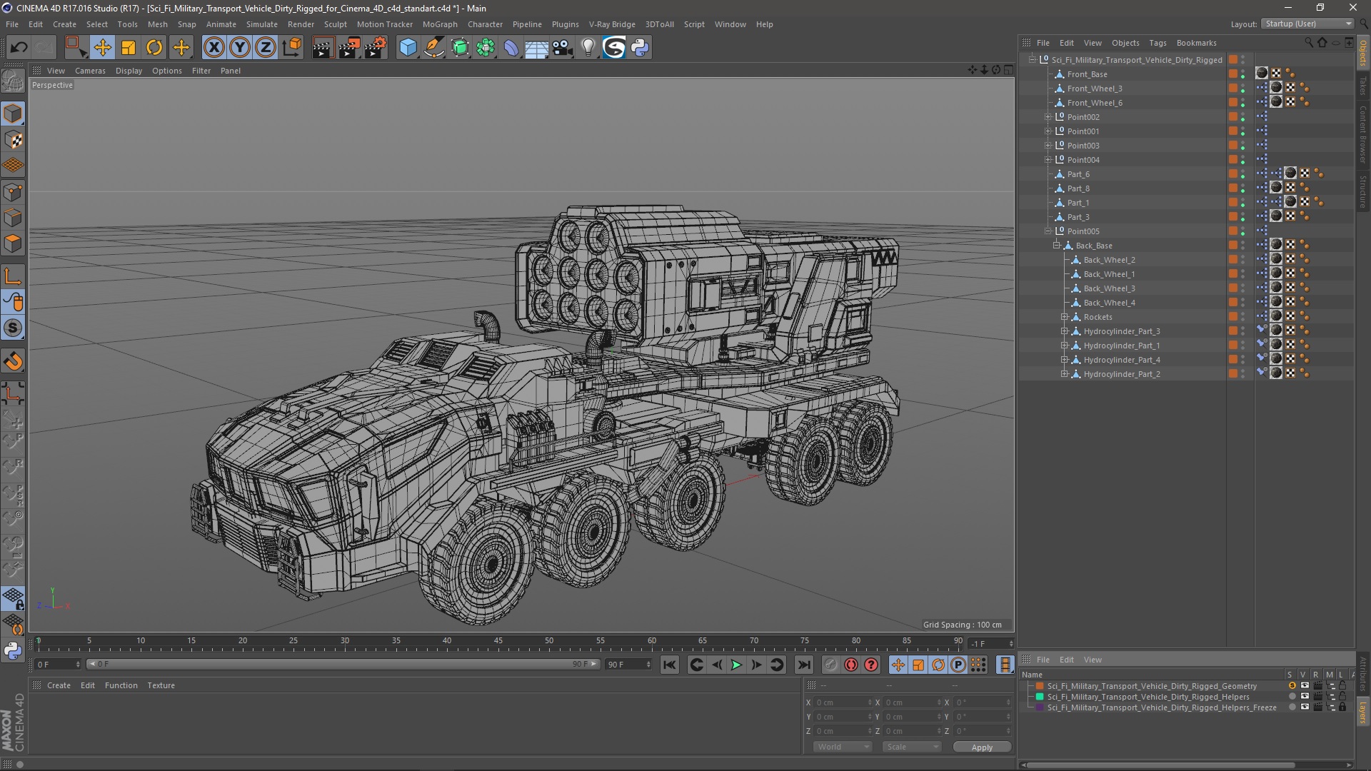 3D model Sci Fi Military Transport Vehicle Dirty Rigged for Cinema 4D
