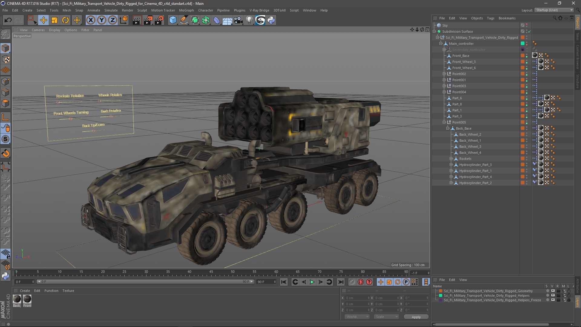 3D model Sci Fi Military Transport Vehicle Dirty Rigged for Cinema 4D